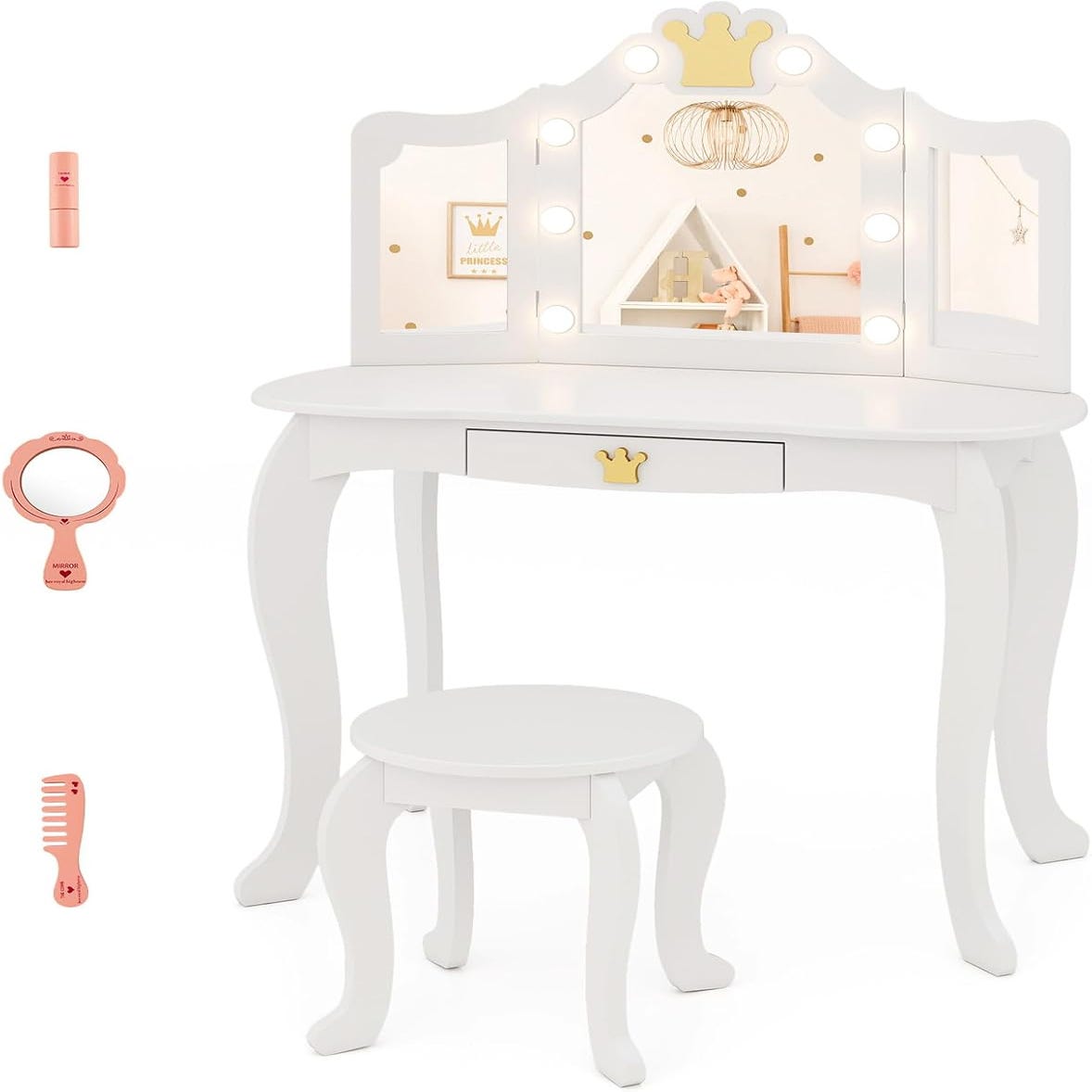 Coiffeuse Enfant Fille 2 En 1 Avec Miroir 3 Volets - Bureau Et Table De Maquillage 60x30x98 Cm Rose Princesse