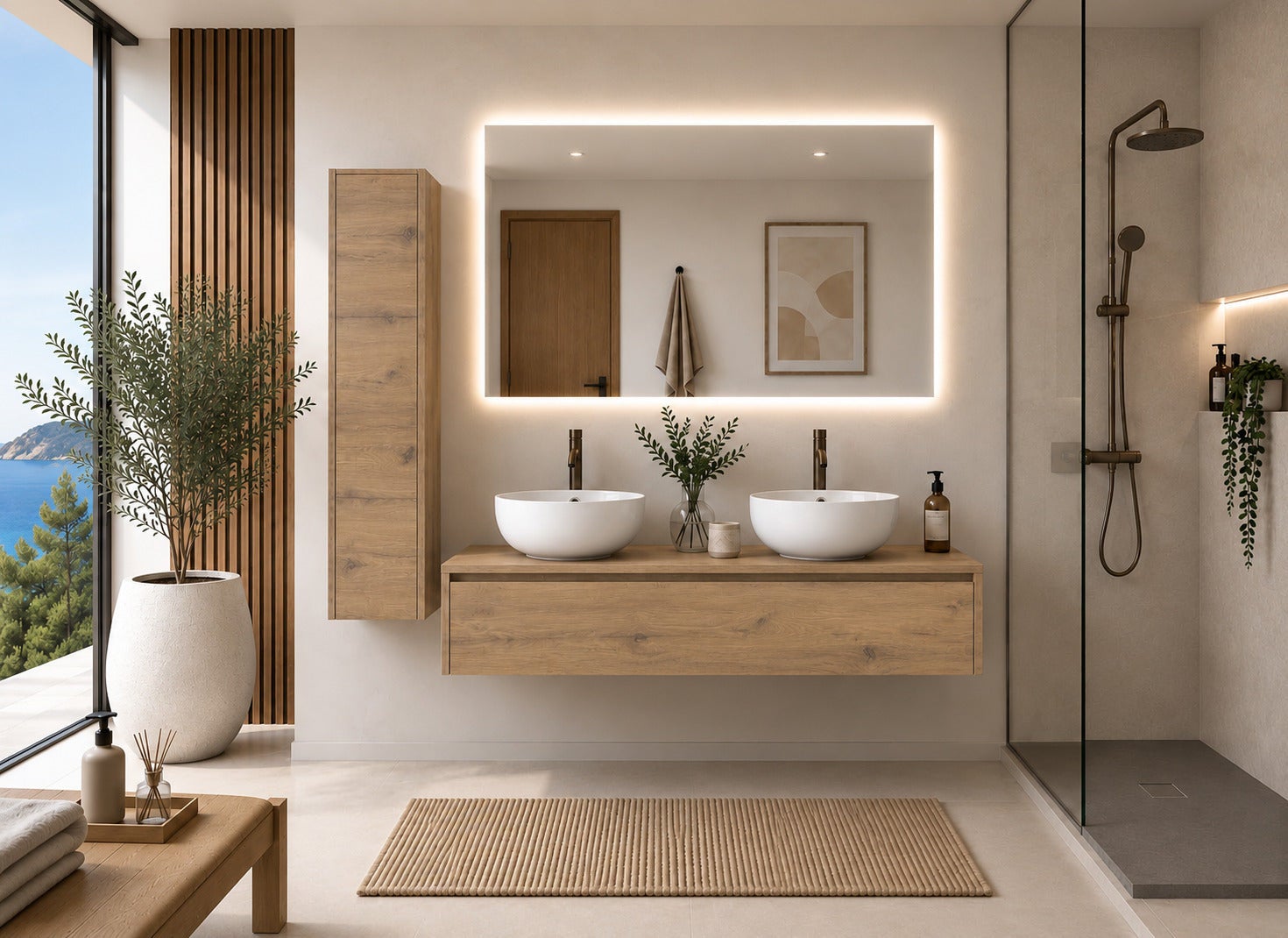 Set mobilă de baie FORMENTERA без зеркала cu modul de 120 cm, două chiuvete și coloană, fără oglindă с пеналом