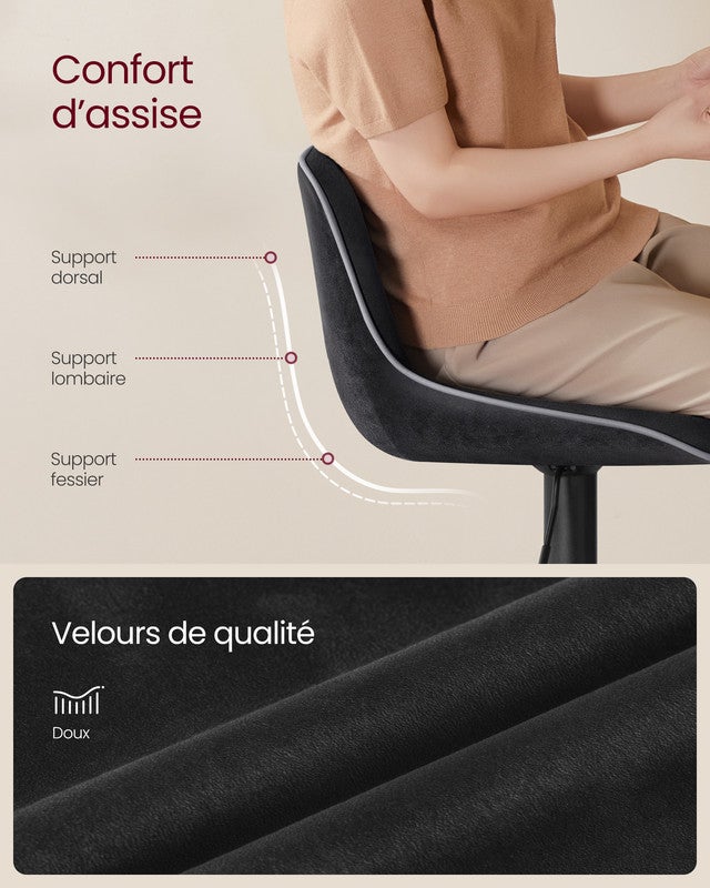 Lot de 2 Tabourets de Bar, Pivotants, Réglables en Hauteur, Dossier Ergonomique, Velours, Base Métallique, pour Îlot de Cuisine, Bar, Noir d'Encre - 3