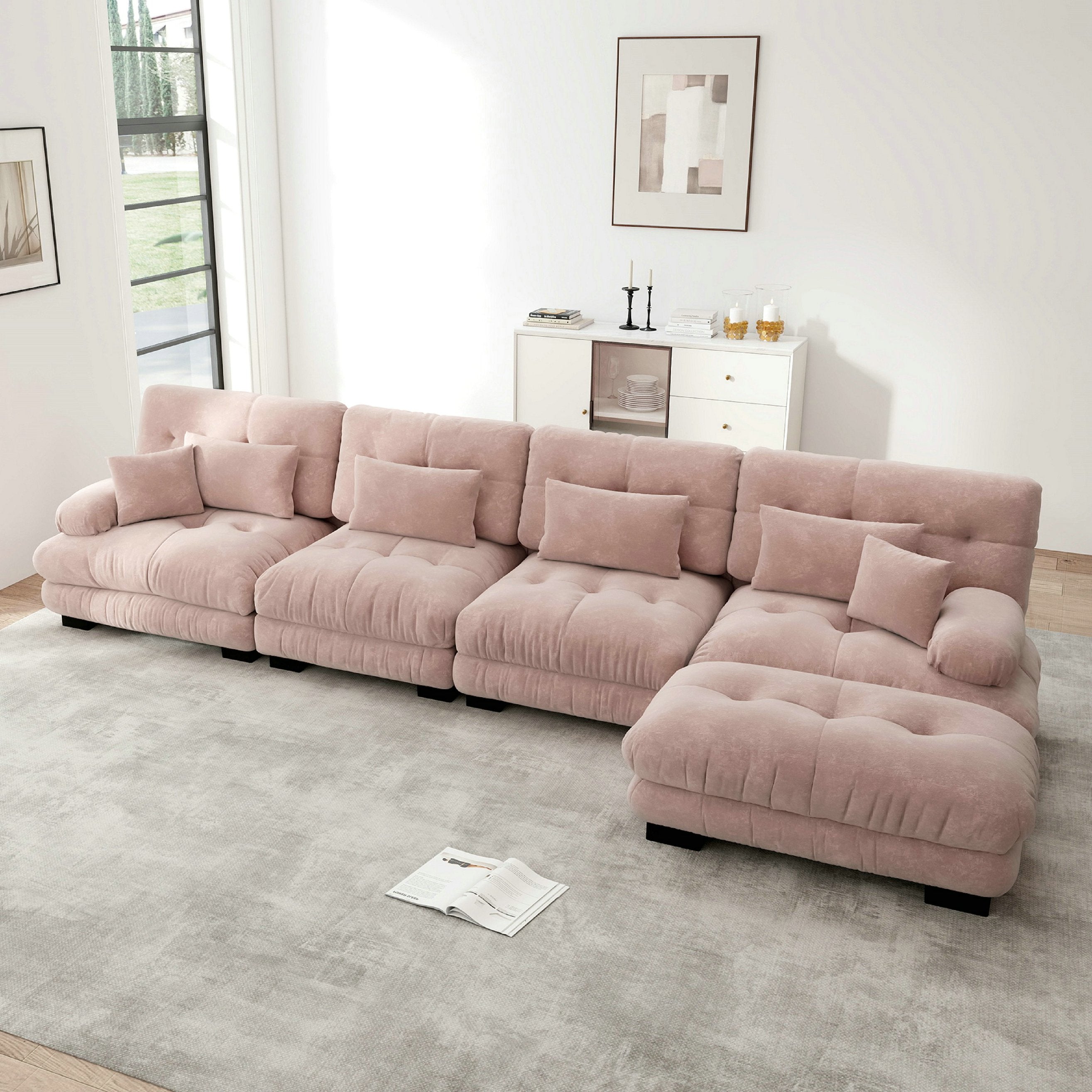 Canapé d\'angle modulable, ensemble en forme de L 4 places confortable effet nuage - avec pouf amovible - chenille rose - 4