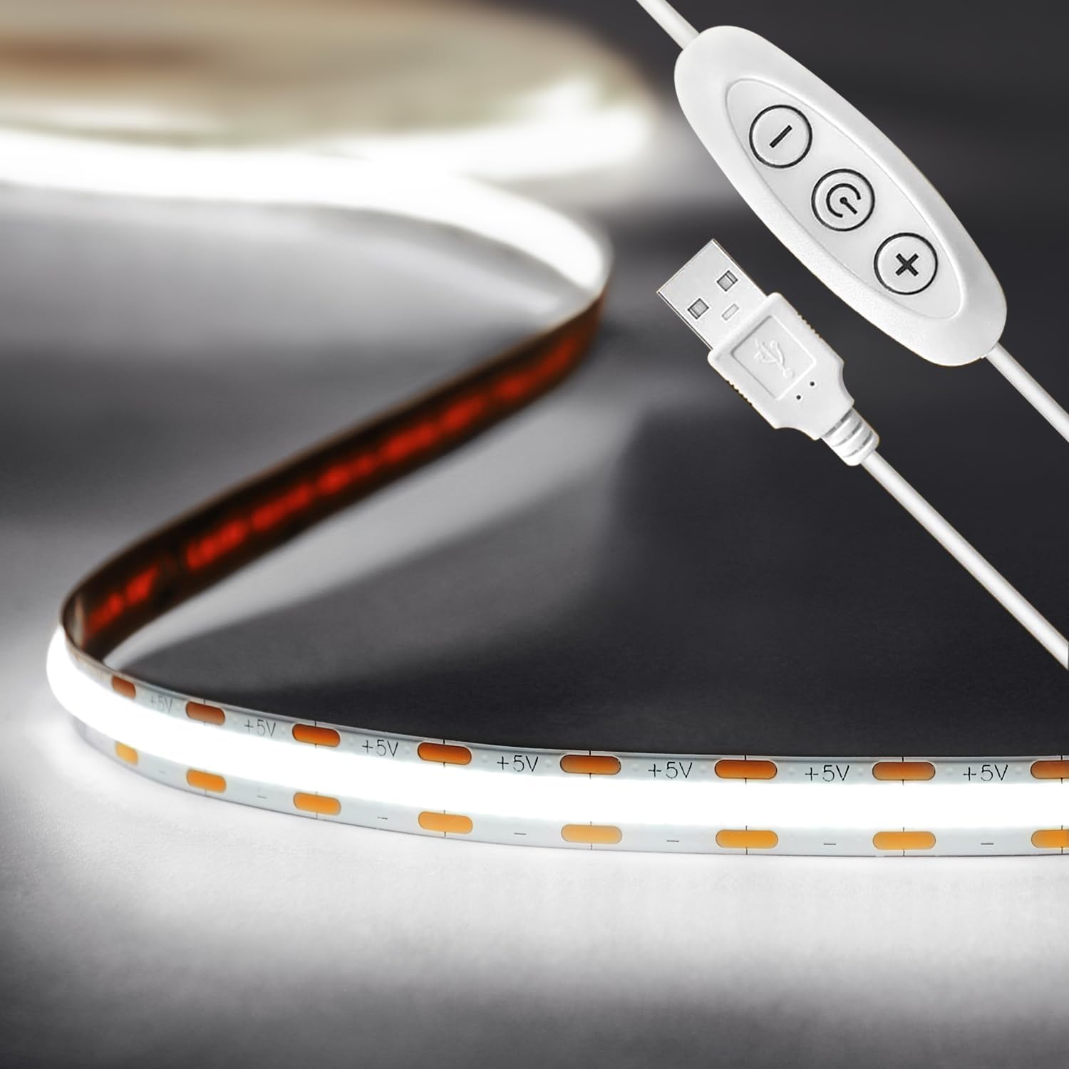Taśma LED 5V COB, zimny biały 6000K. Podłączenie USB + ściemniacz. Wewnętrzna IP20, 8W/m 2 metry, długość cięcia 2,5 cm.