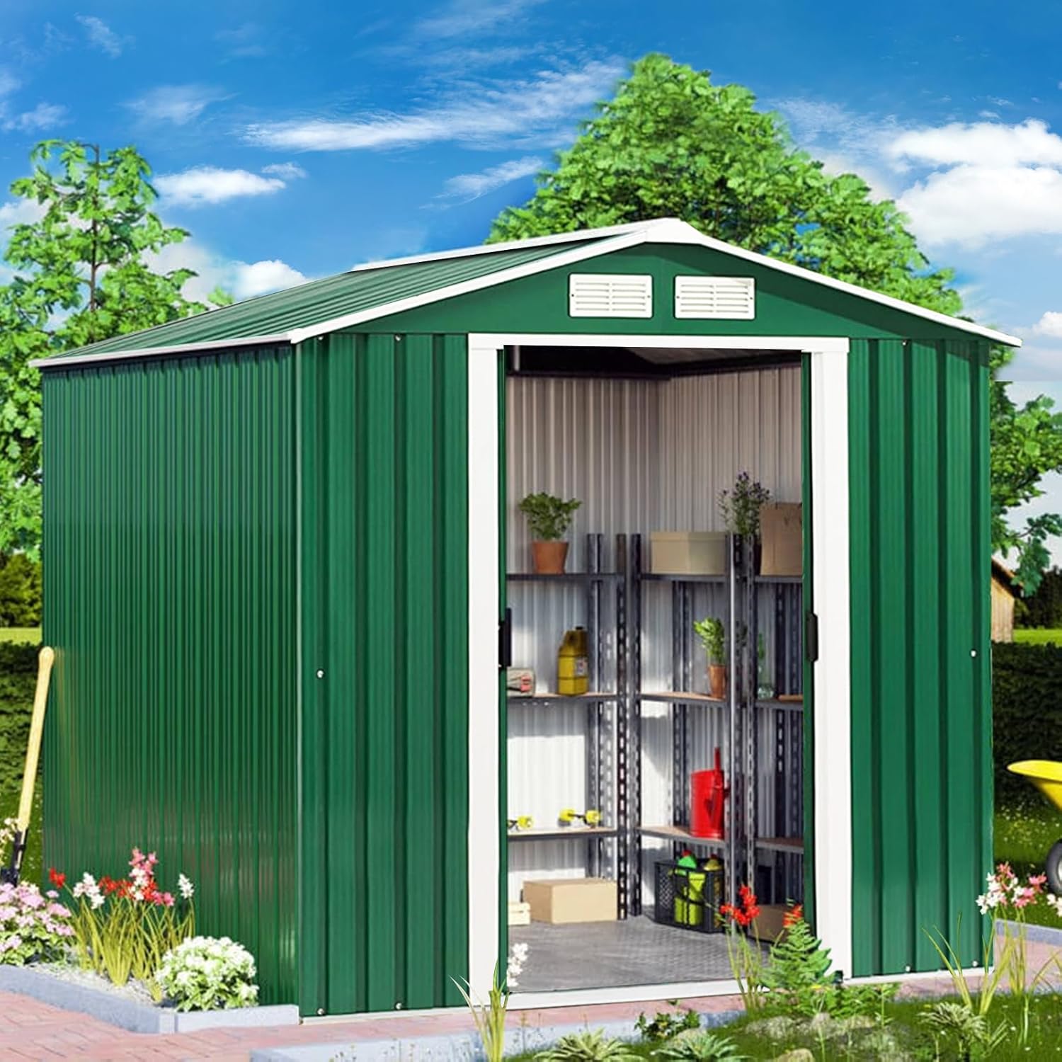 2,37㎡ Abri de Jardin Métal Galvanisé avec Base, 213 x 127 x 185 cm, Cabane de Rangement à Outils avec Portes Coulissantes&Fenêtres, 4,39m³ Vert - 2