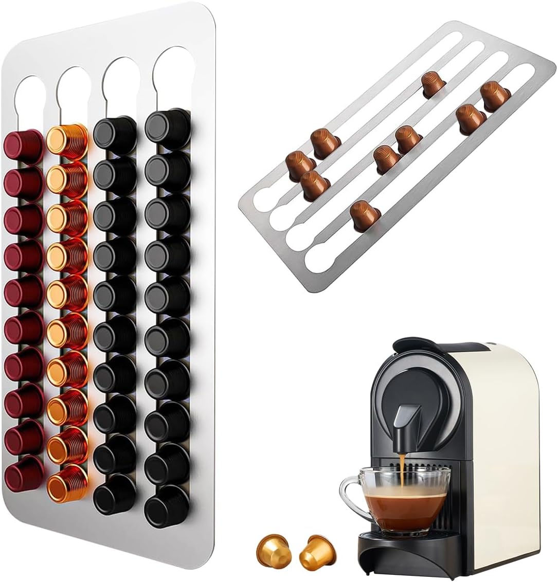 Stojak na kapsułki do kawy Nespresso, 40,5 x 22 cm, ze stali nierdzewnej, z taśmą samoprzylepną 3M, do przechowywania 40 kapsułek.