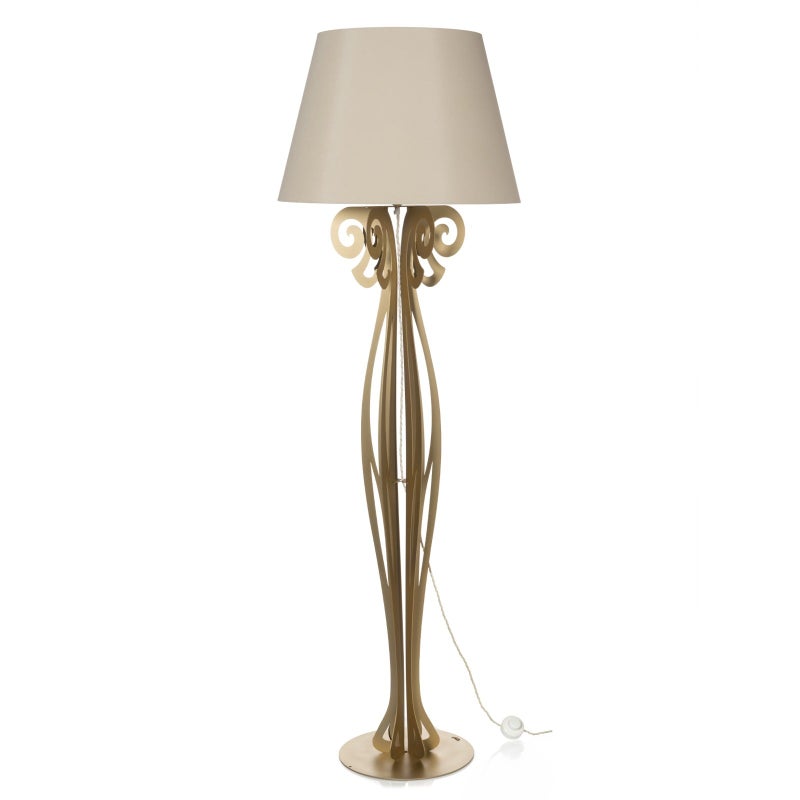 Lampa podłogowa Circeo 60x180 cm z żelaza w kolorze złotym, piaskowy klosz, styl vintage, przełącznik nożny, made in Italy