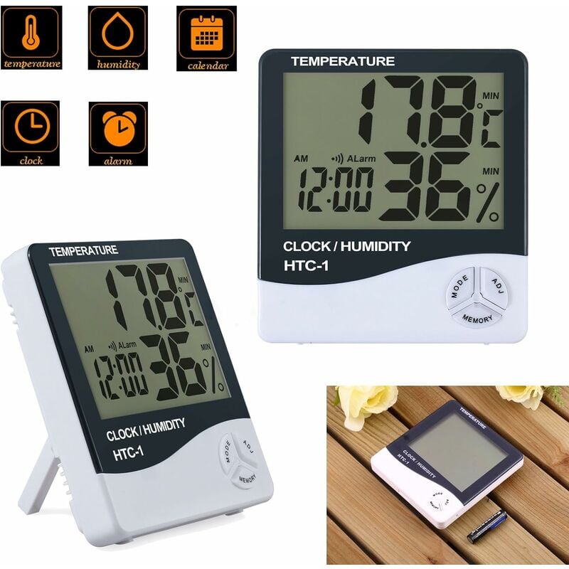 Biały cyfrowy higrometr-termometr LCD, pakowany pojedynczo, z zegarem, zakres pomiaru: -50 °C do +70 °C, ±10% do 99% RH.