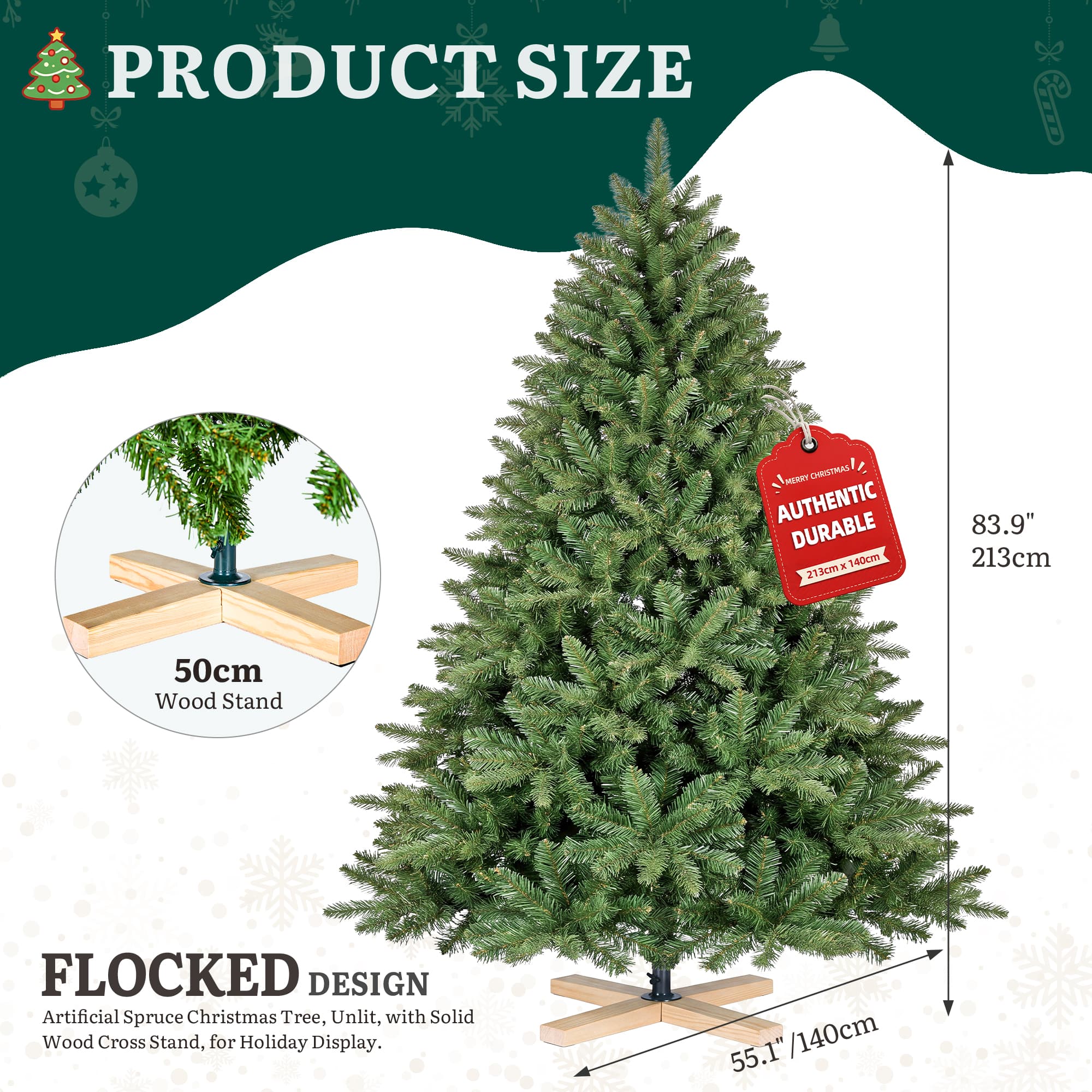 Sapin de Noël artificiel de 210 cm avec support en bois, branches en PE ...