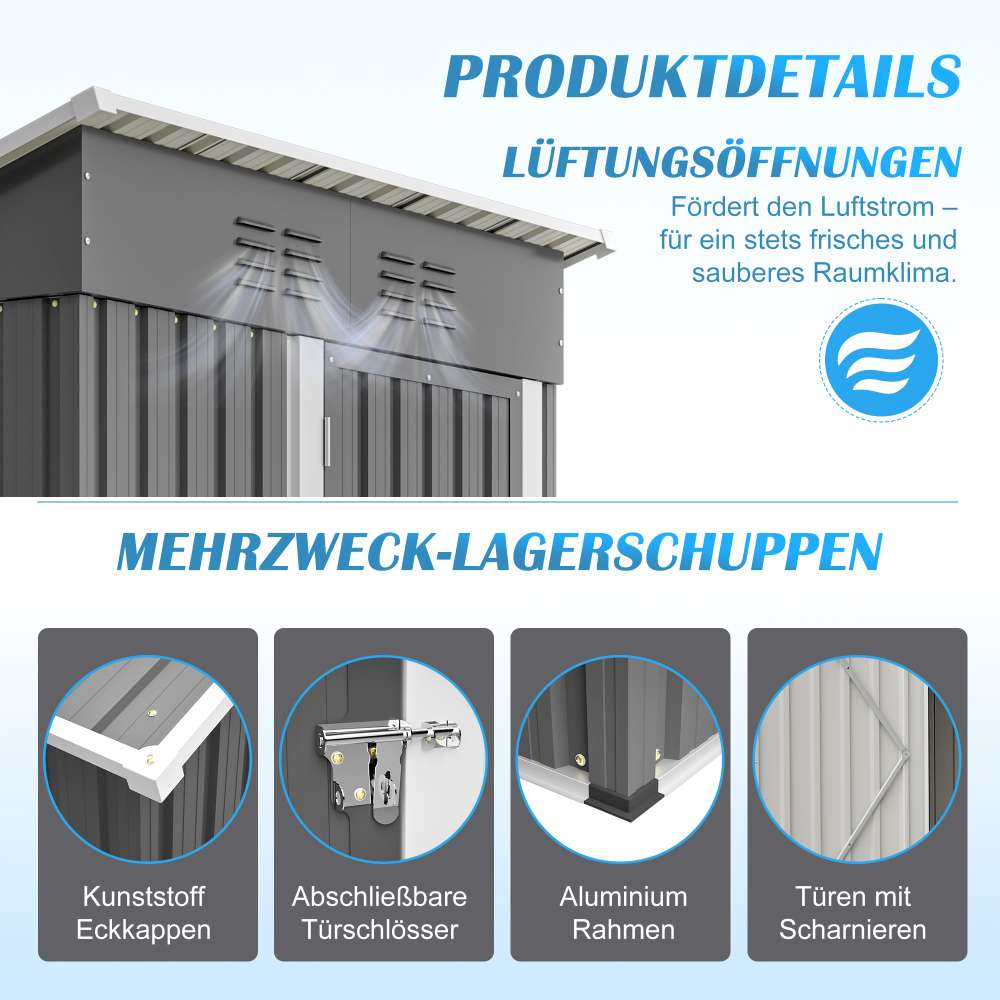 Abri de jardin toit plat 152x84x182 cm, avec porte verrouillable, sans fenêtres, 1,27 m² de stockage, gris foncé. - 3
