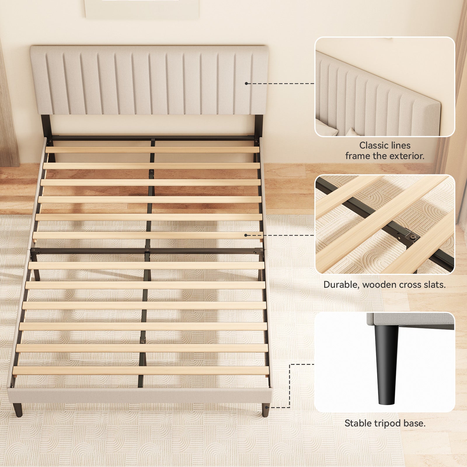 Estructura de cama 140x190 cm,480 kg, espacio 22 cm, Cama doble, para dormitorio, ahorro de espacio, silencioso y estable, tapizada - 2