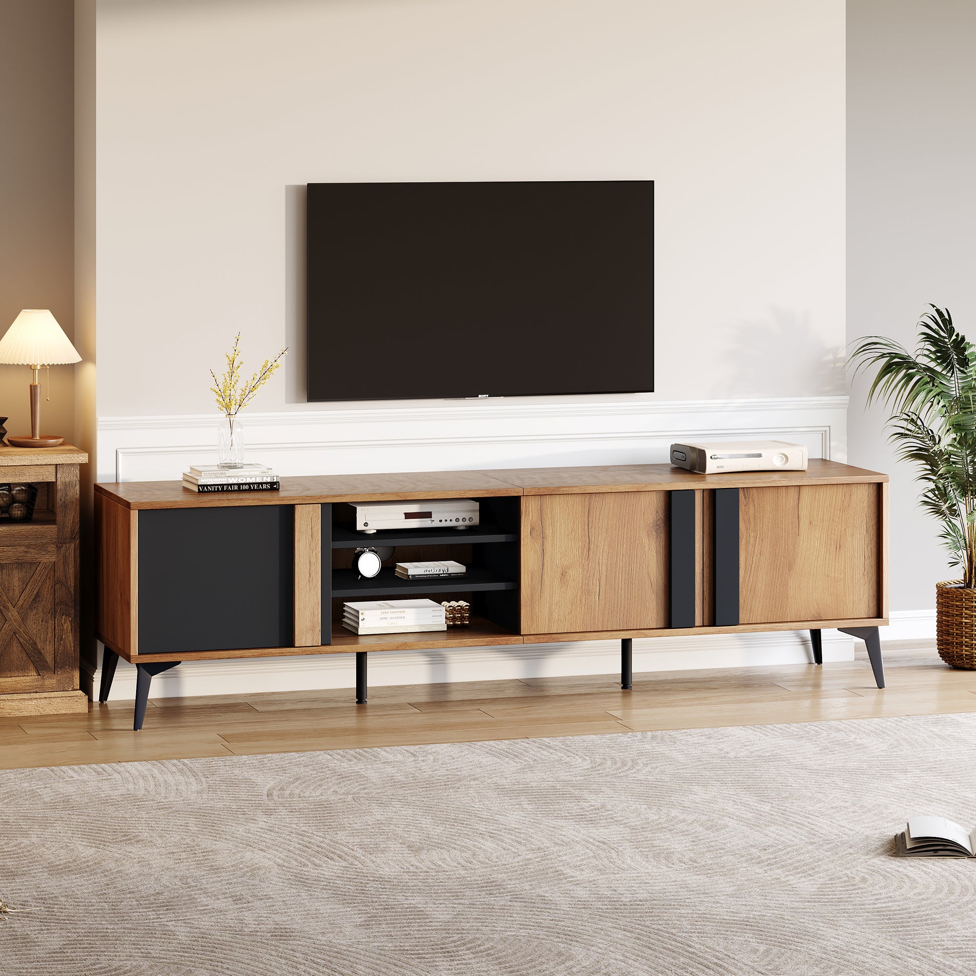 Meuble TV avec 3 portes et 3 niches ouvertes - 180 x 40 x 50 cm - Panneau de particules - Marron et noir - 7