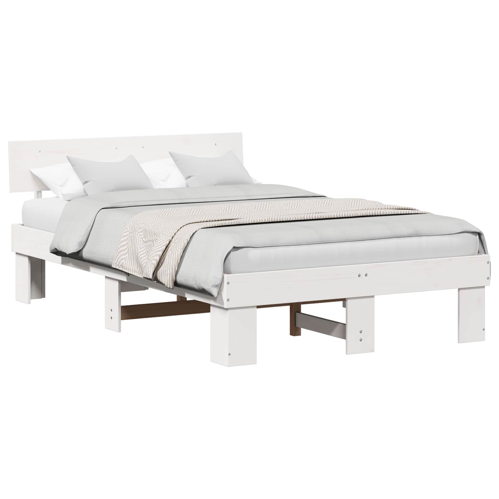 Letto In Pino Massello Bianco 140x190 Cm Con Testiera – Struttura A Doghe Fissa, Stile Minimalista E Moderno