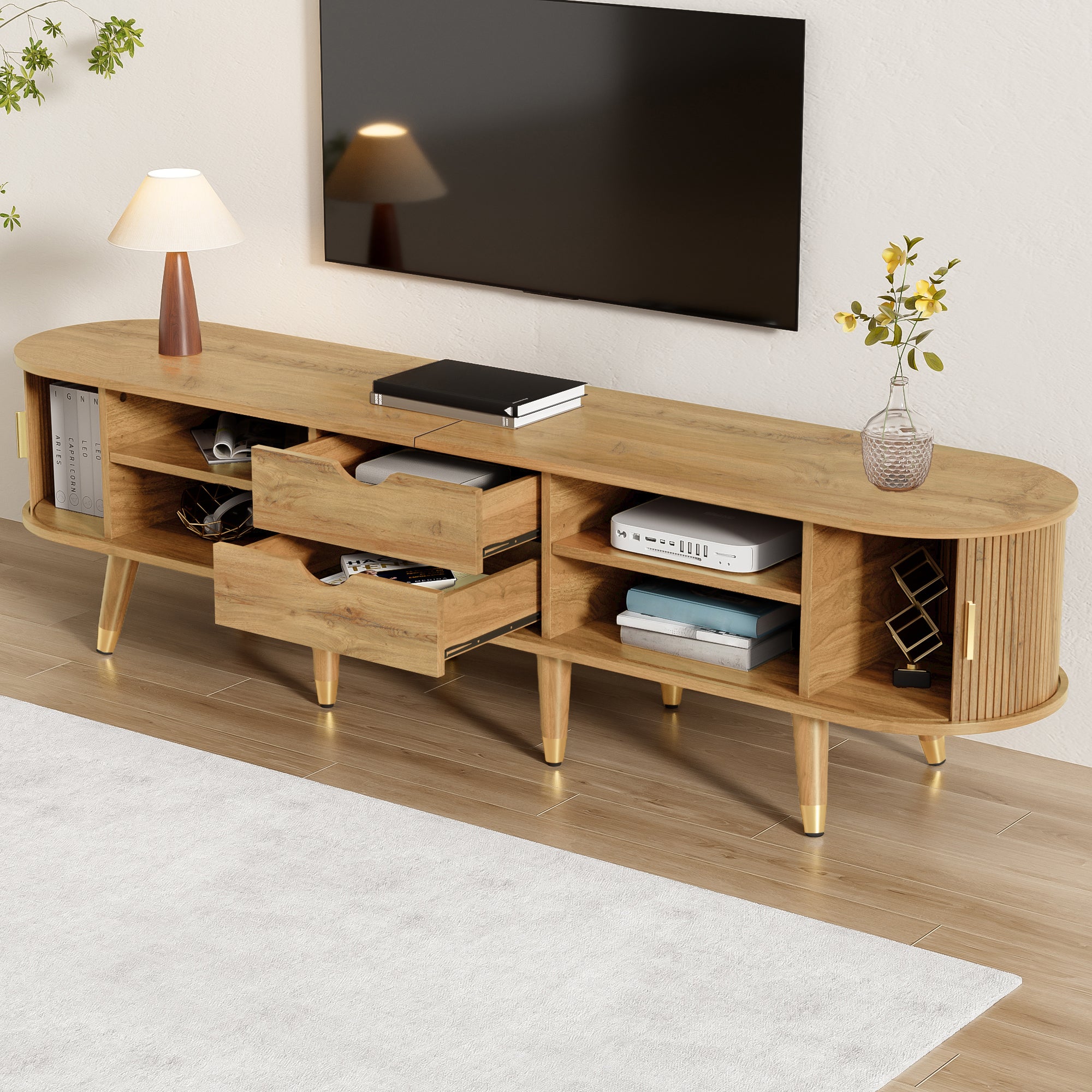 Stolik pod telewizor w stylu rustykalnym 175 x 38 x 45 cm - 2 drzwi przesuwne i 2 szuflady - Wykończenie drewniane - Płyta MDF - Naturalny - 5