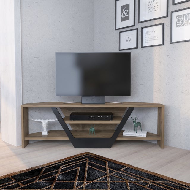 Meuble tv d`angle sares en forme v - etagères ouvertes (noyer et noir)