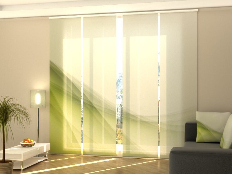 4 paneles japoneses wellmira con riel de 4 vías, 60x245 cm - elegante ola verde