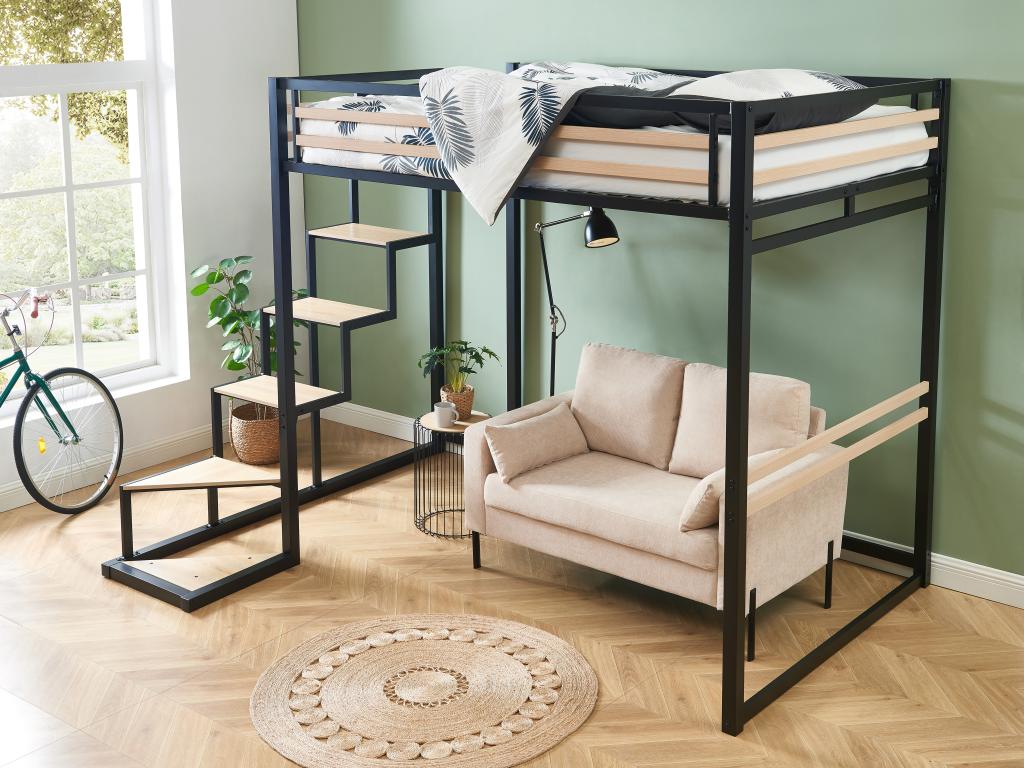 Łóżko antresola 140&amp;nbsp;×&amp;nbsp;200 cm – metal i MDF – kolor czarny i naturalny – JOGUI