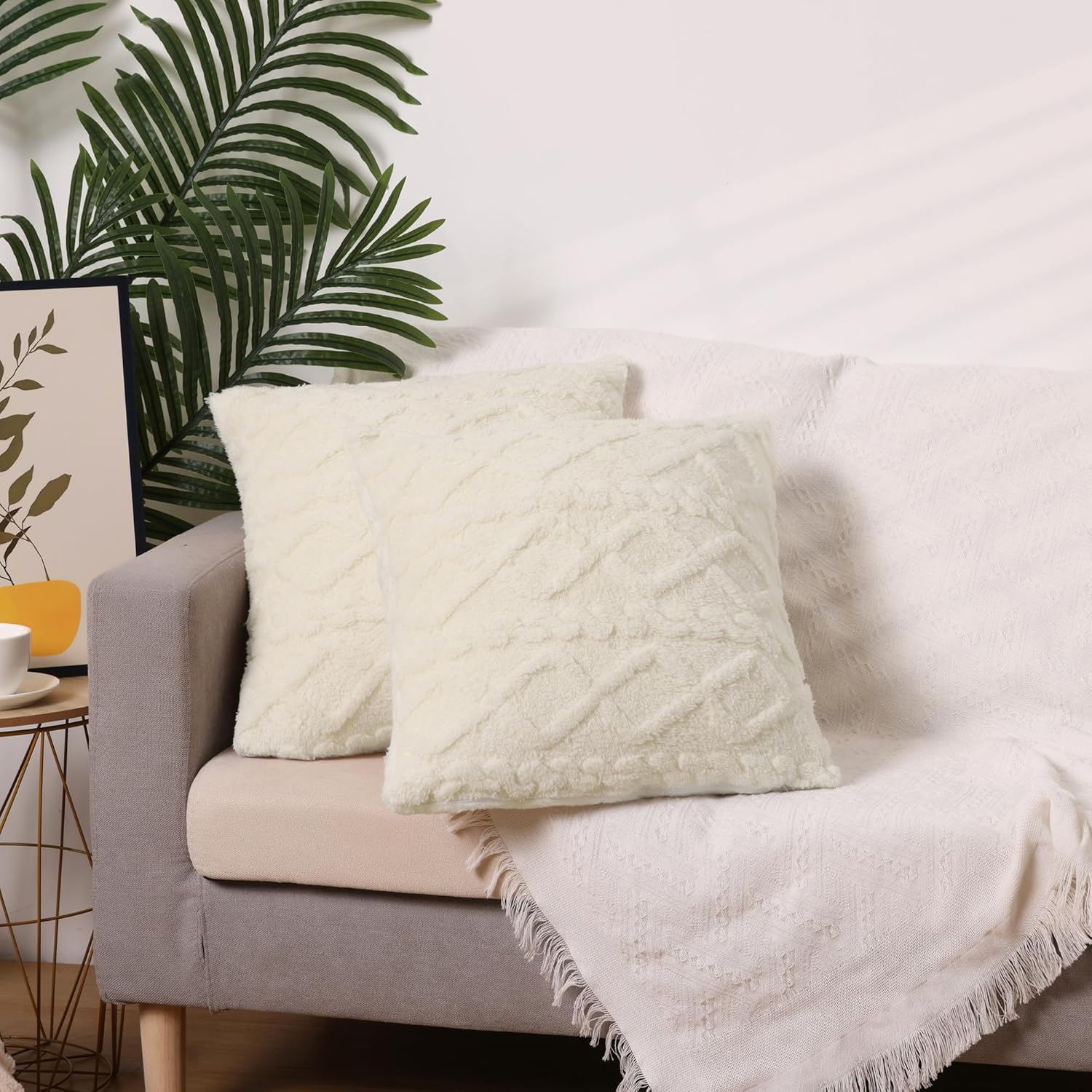 Lot de 2 housses de coussin en fausse fourrure courte et douce pour décoration d'intérieur, 50,8 x 50,8 cm, blanc - 2