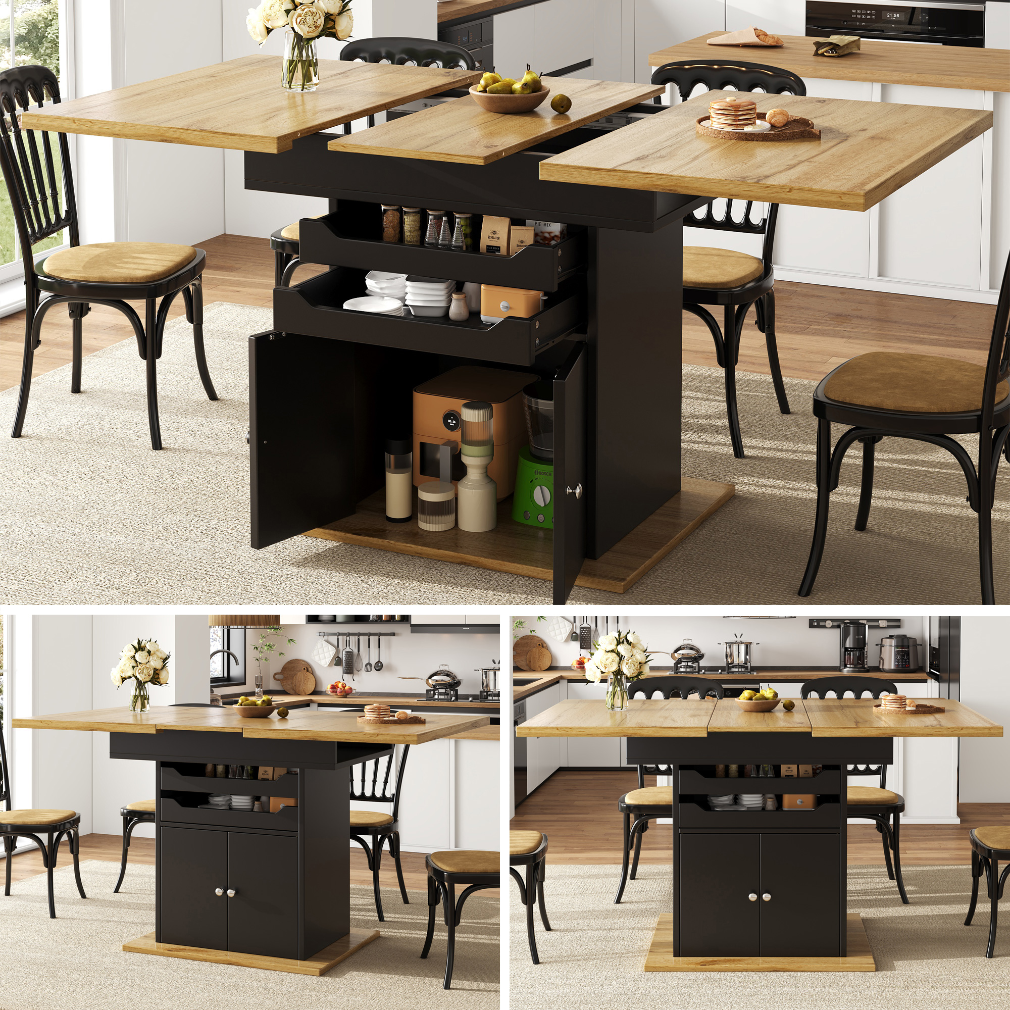 Stół jadalny dla 4-6 osób z 2 drzwiami i 2 przesuwanymi blatami - 110/140 x 80 x 75 cm - MDF - Czarny + naturalny