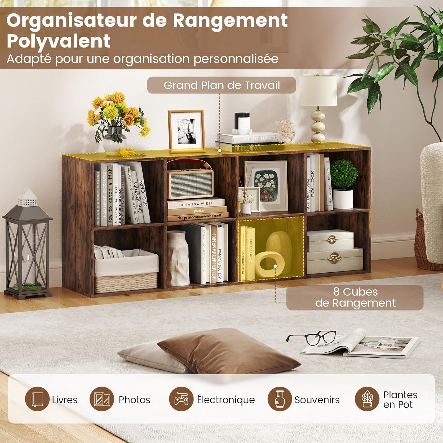 Bibliothèque d'Exposition à 2 Niveaux avec 8 Cubes, Étagère de Rangement Autoportante avec 2 Kits Antibasculement (Marron Rustique) - 5