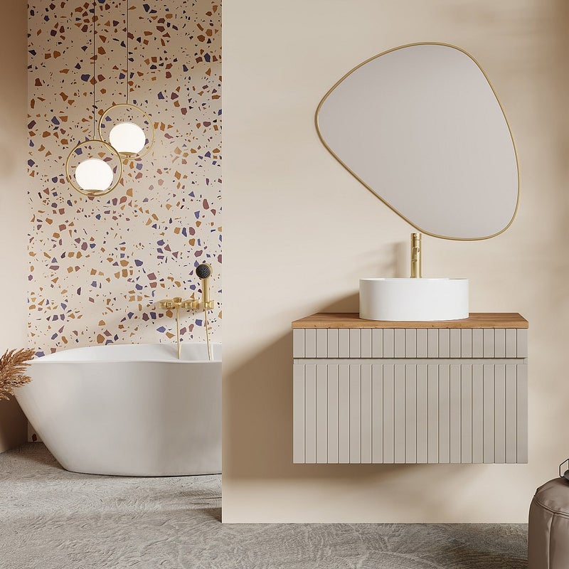 Wisząca szafka podumywalkowa prążkowana beżowa z blatem – 80 cm – SATARA