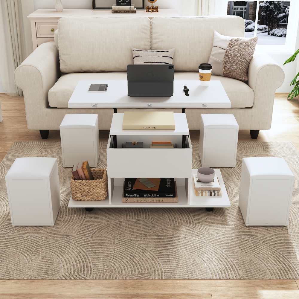Table Basse Multifonction Réglable – 2-en-1 Bureau et Table à Manger, Surface en Bois Blanc, Espace de Rangement pour Salon et Bureau - 5
