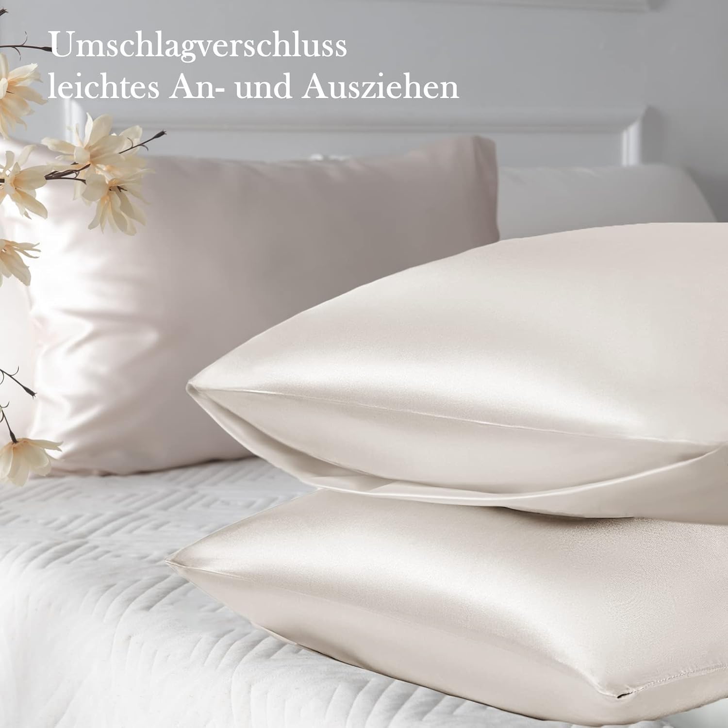 Lot de 2 taies d'oreiller en satin 50 x 70 cm, pour les cheveux, similaires aux taies d'oreiller en soie, 50 x 70 cm, certifiées Oeko-Tex, beige, et 2 - 3