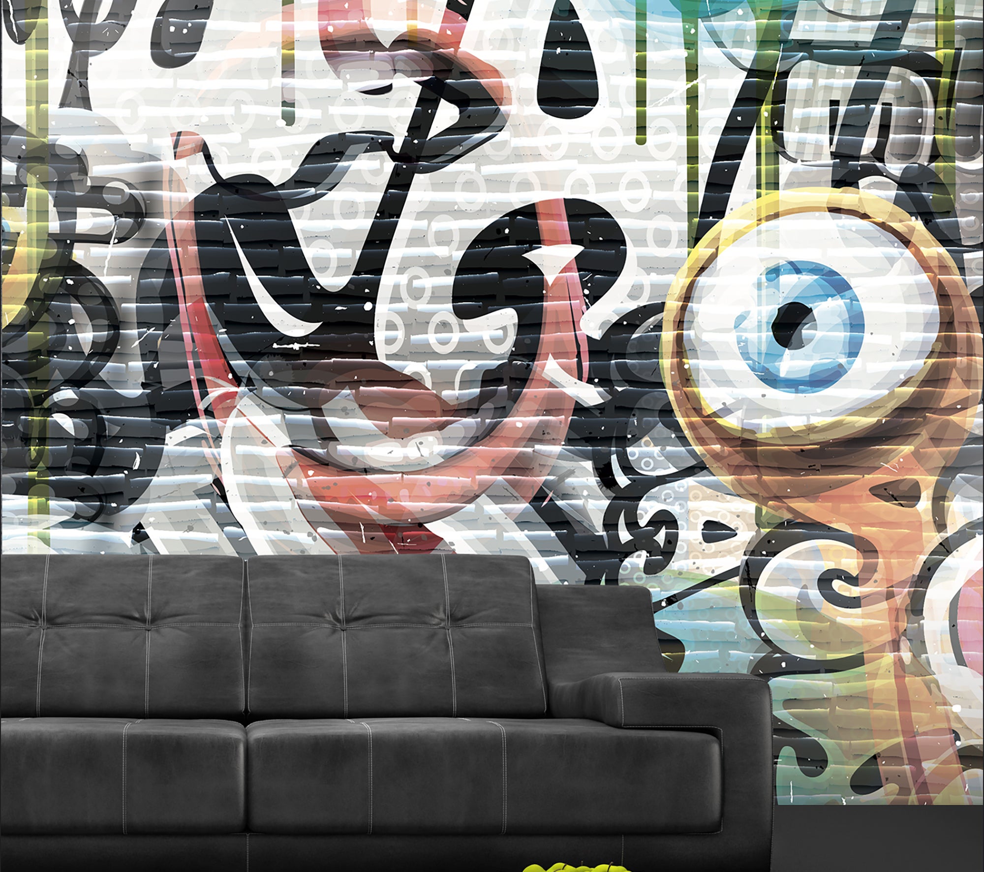 Papelera panorámica, arte de ladrillo Wall Street, monstruos de colores pastel, 250 cm x 270 cm - 2