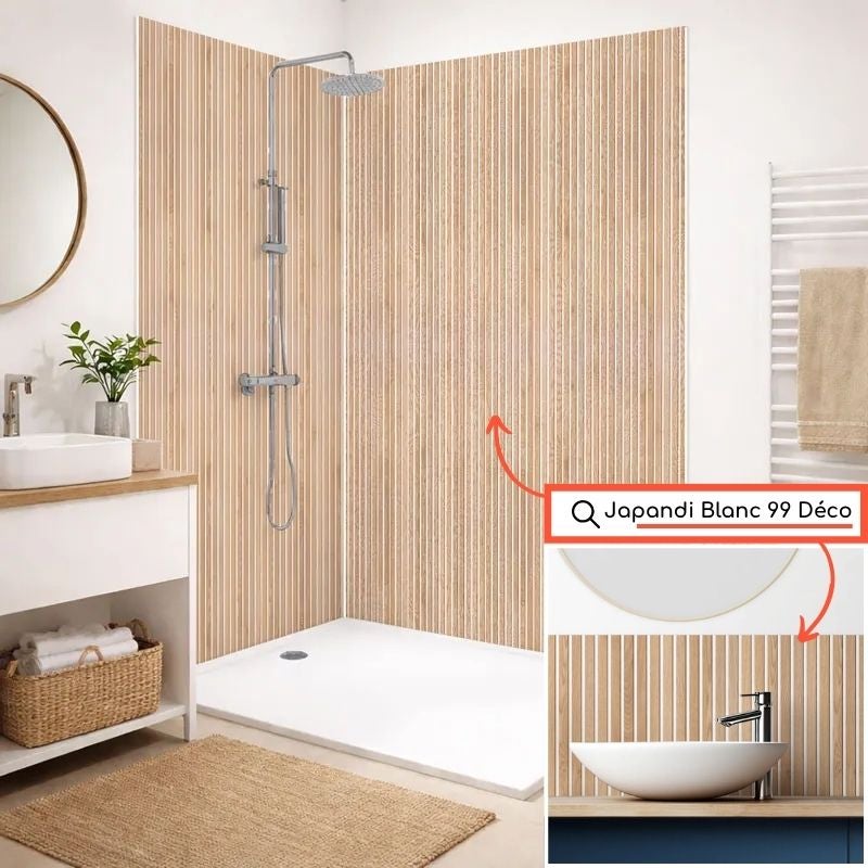 Crédence de salle de bain en Aluminium motif bois Beige 140x30 cm (en 2 bandeaux) - Japandi Blanc - 5