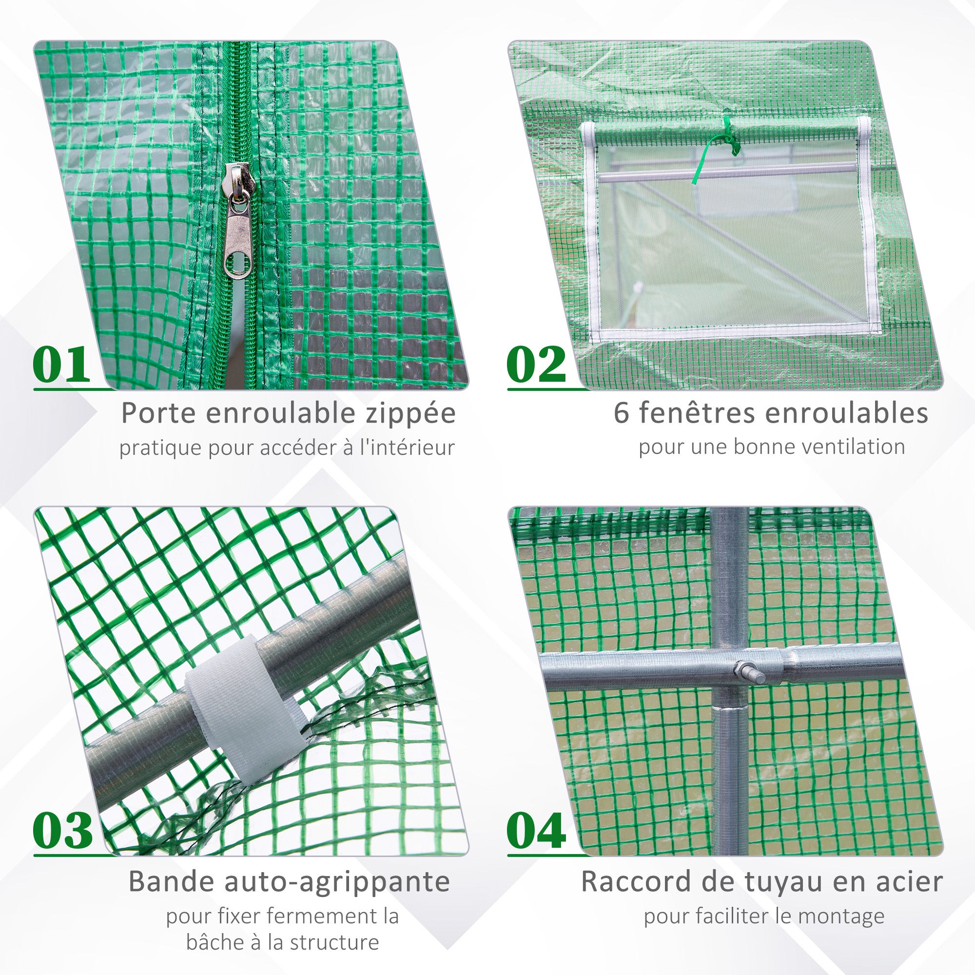 Serre Tunnel de Jardin 10,5 m² dimensions 3,5L x 3l x 2H m Porte + 6 fenêtres enroulables Acier galvanisé bâche PE Haute densité Vert - 7