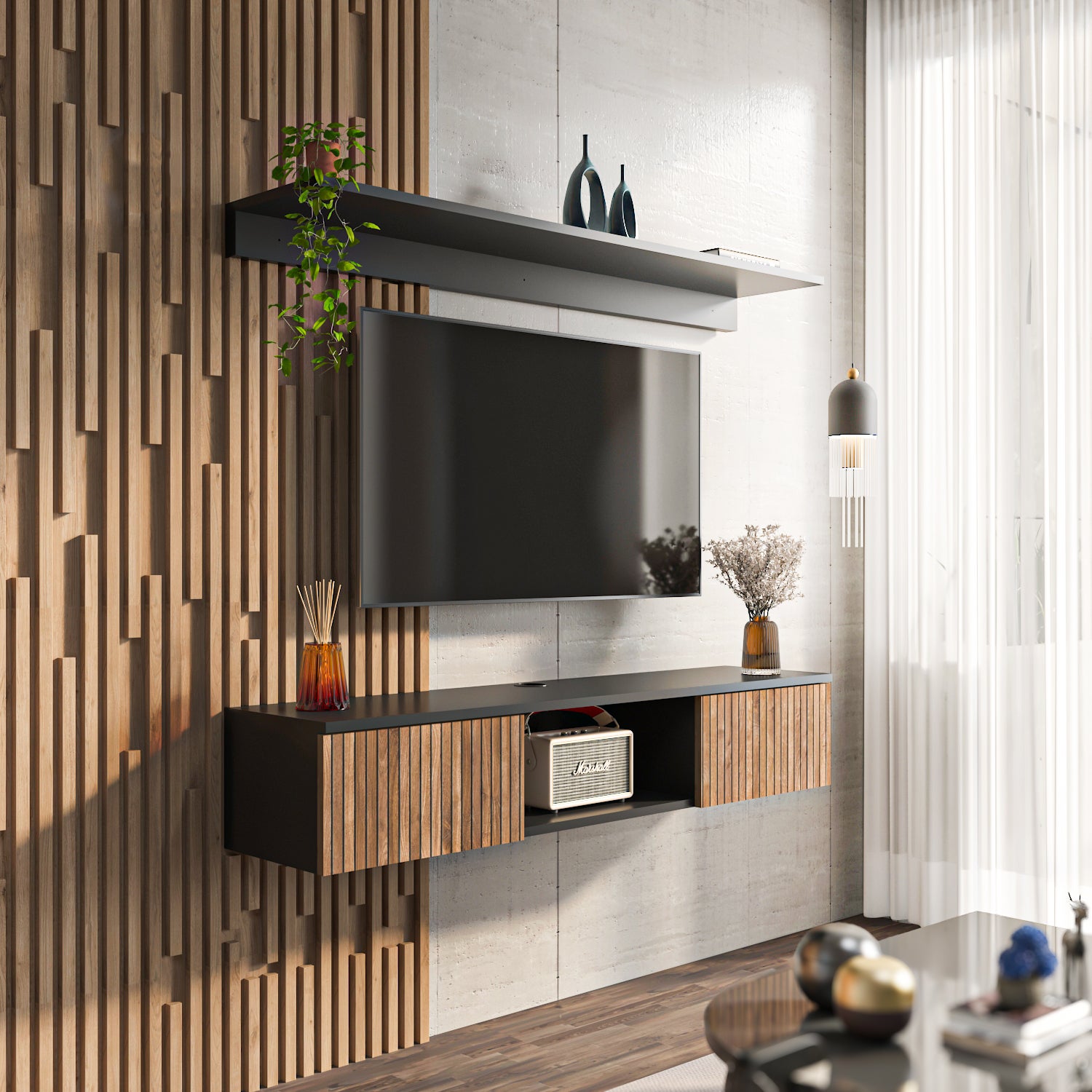 Meuble tv mural elia flottant 140 cm - armoires - passe-cable - étagère murale incluse (noir et effet alina) - 5