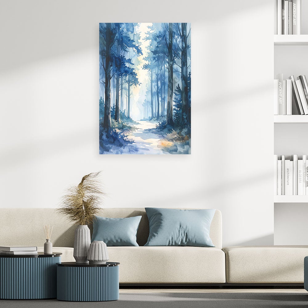 Obraz do salonu sypialni biura, Mglisty Las Pastelowy Krajobraz Natury w Stylu Scandi Niebieski 70x100 - 2