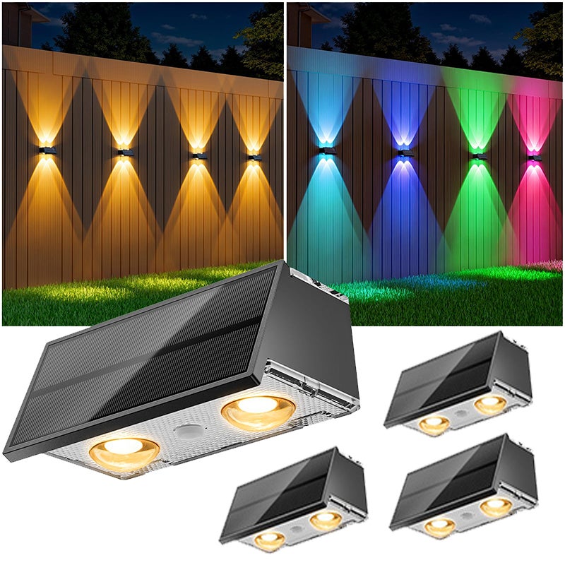 Zestaw 4 wodoodpornych zewnętrznych lamp ściennych RGB, słoneczne oświetlenie ogrodzeniowe, dekoracyjne oświetlenie ścienne do domu