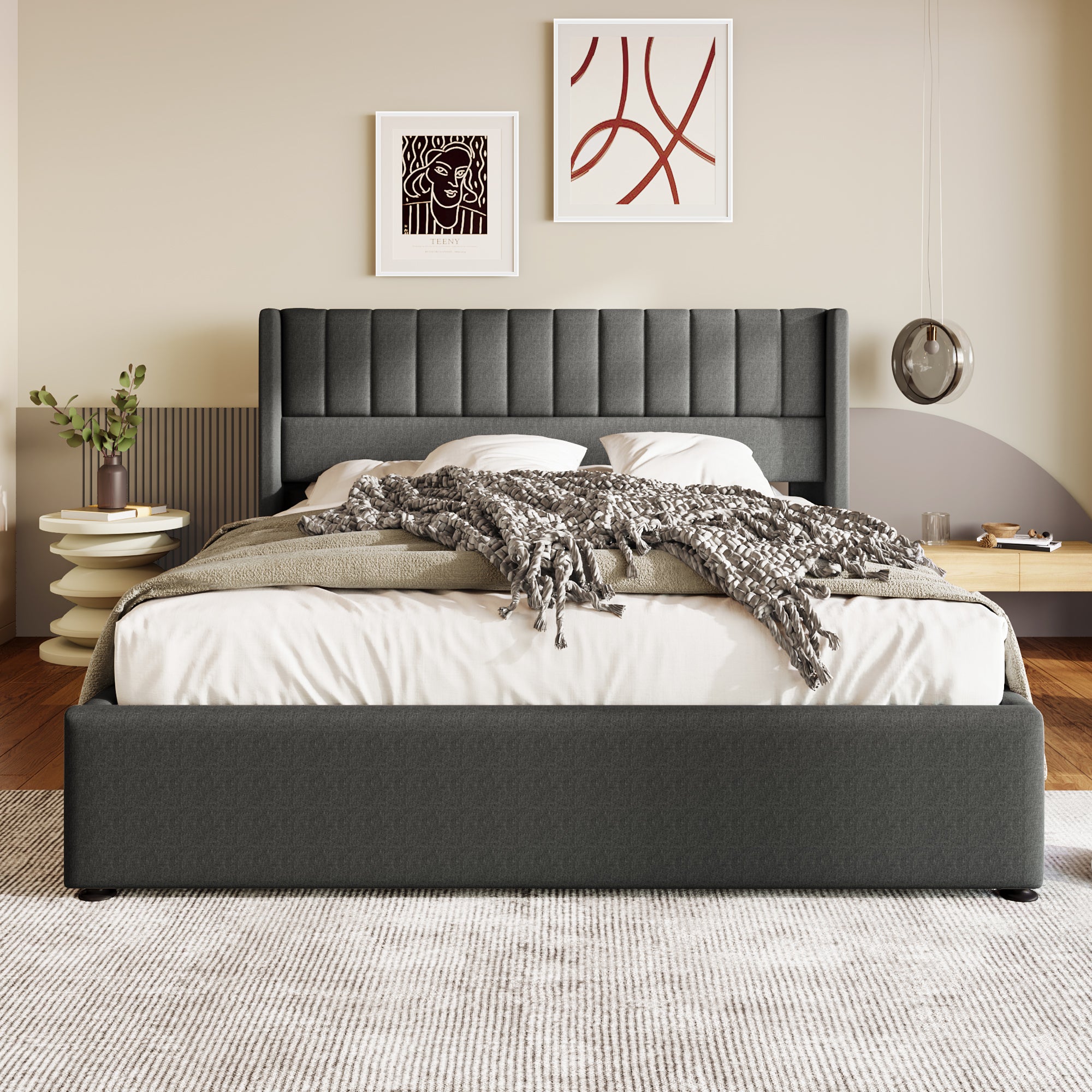 Cama contenedor tapizada 160x200 cm en lino con somier de láminas - Gris - 5