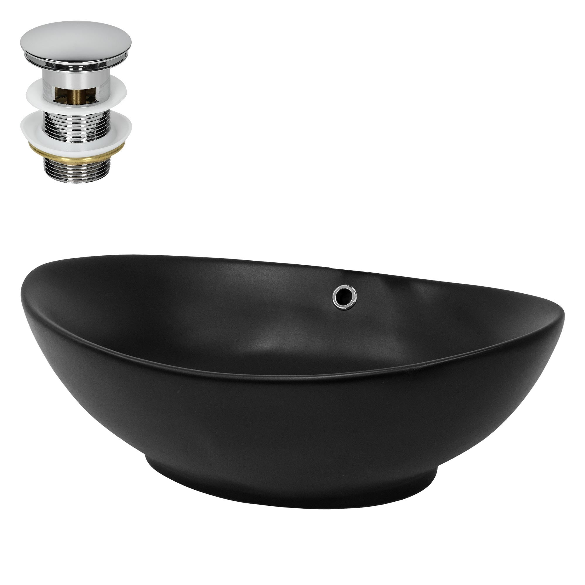 Lavoar de baie LuxeBath 59 x 38 x 19 cm, din ceramica, cu ventil pop-up cromat, cu preaplin, fara orificiu pentru baterie, chiuvetă pe blat, negru mat