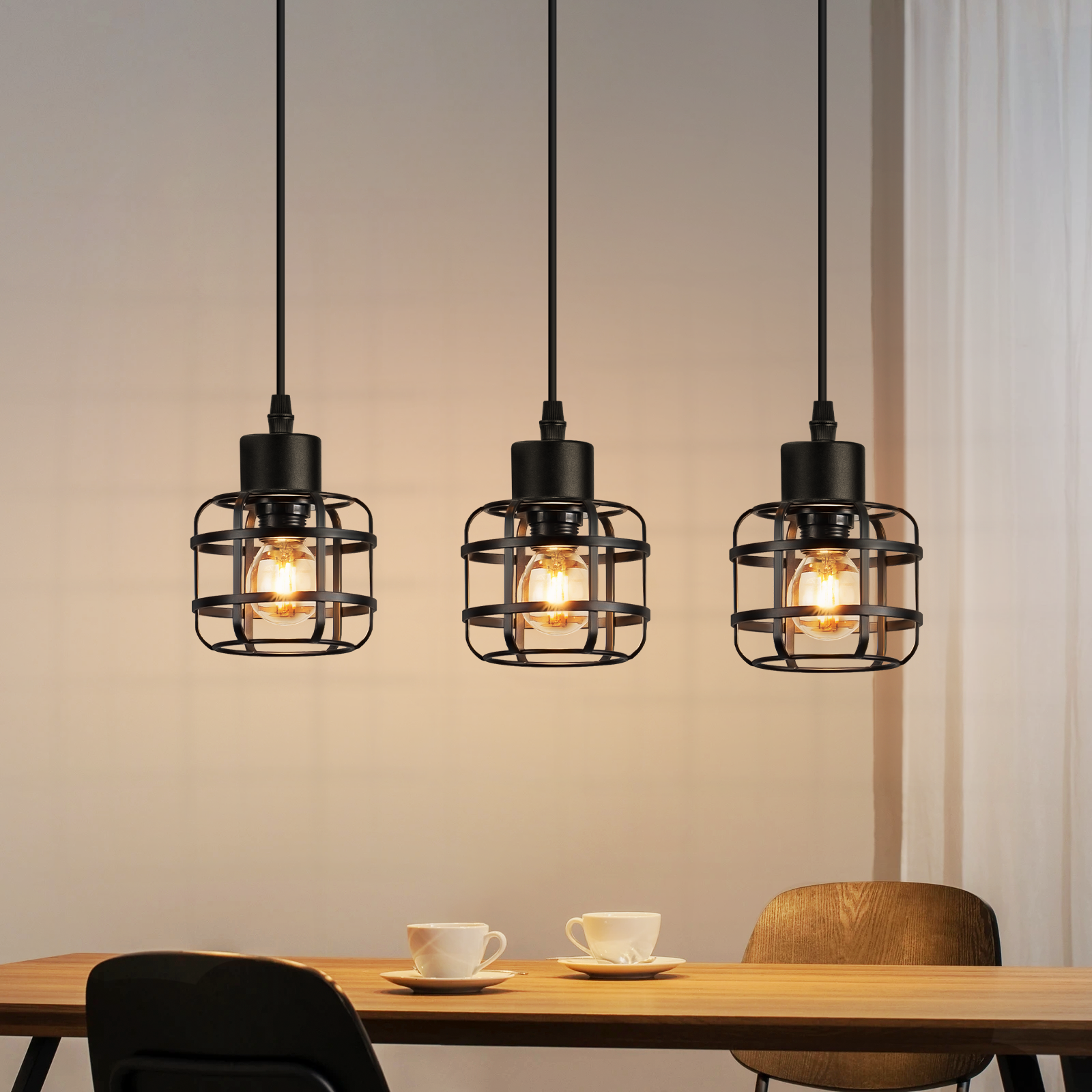 ZMH Lampa wisząca z metalu w stylu vintage, 3 żarówki, gniazdo E14, kolor czarny, regulowana wysokość, żarówka nie jest dołączona - 7