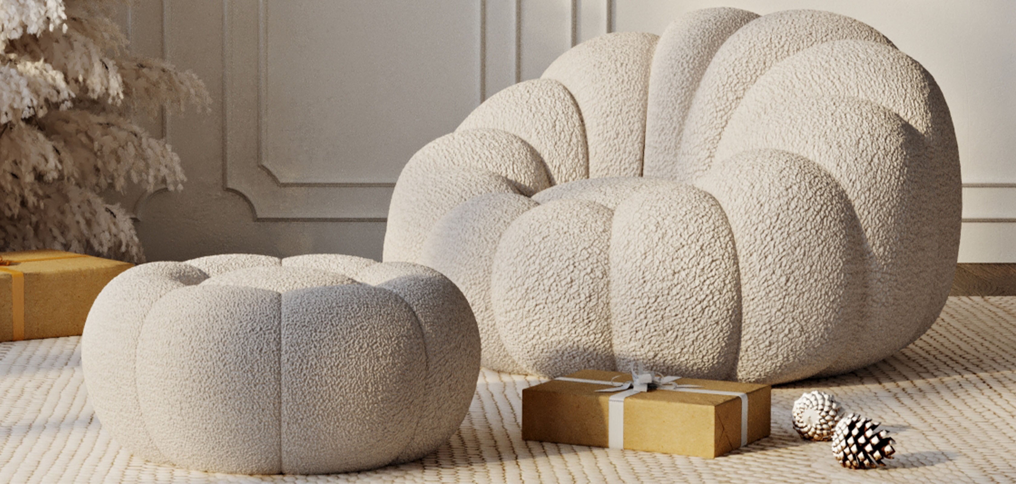 Fauteuil Pouf en bouclette fausse fourrure Tapissée - Boucles Blanches - Calera Blanc - 7