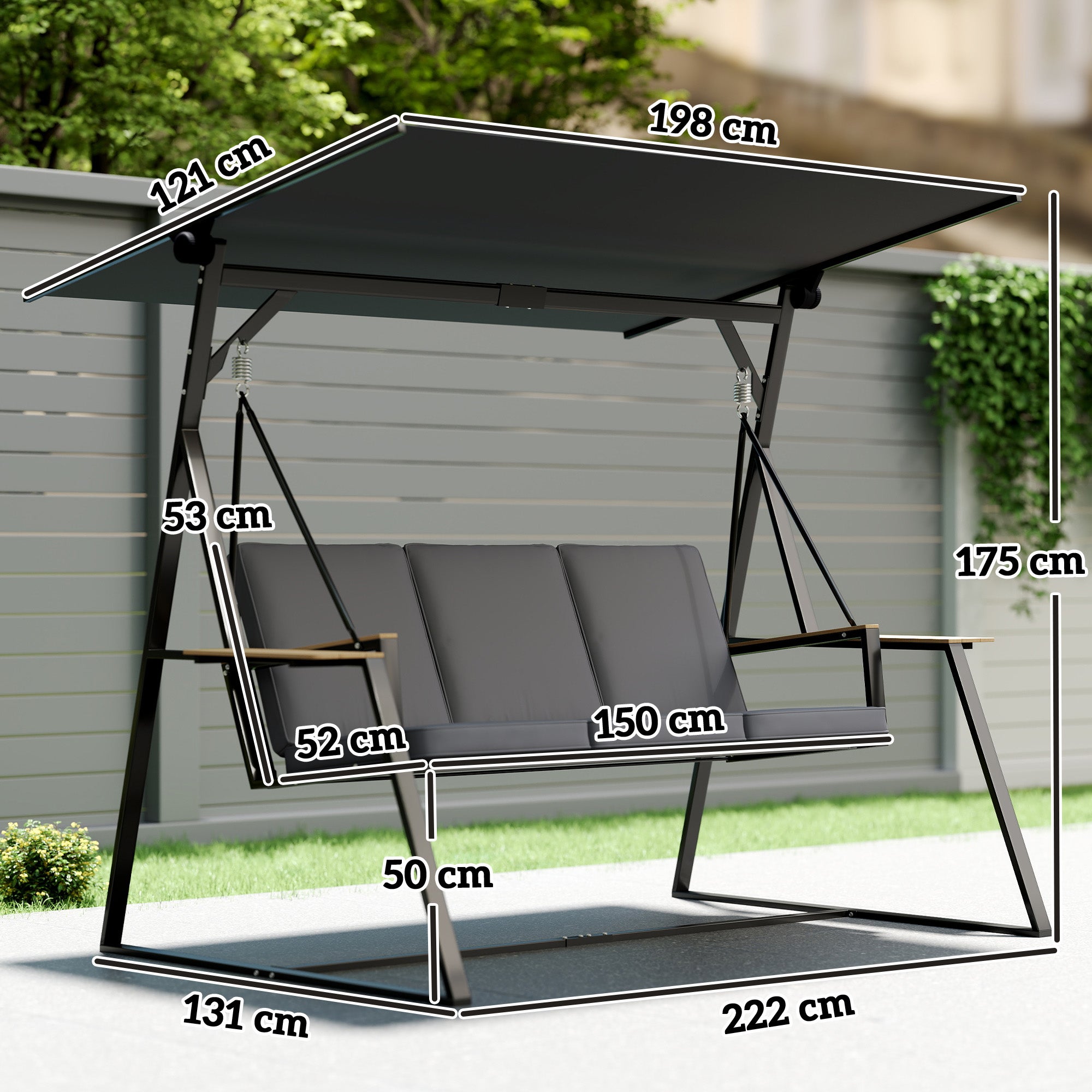 Baloiço de Jardim Outsunny em Metal e Poliéster Cinzento Carvão 222x131x175 cm - 3