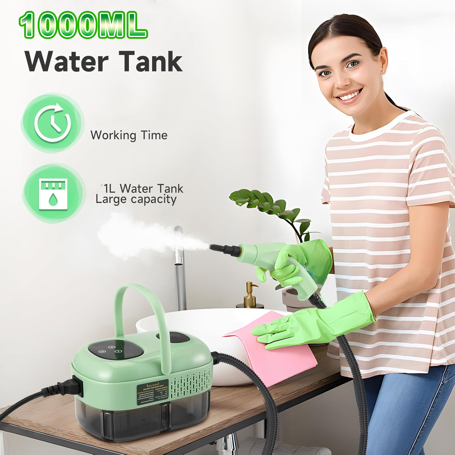 Limpiador a vapor de alta presión de 2500 W con cabezales de cepillo, tanque de agua de 1 L, 6 configuraciones de velocidad, para limpieza del hogar - 4