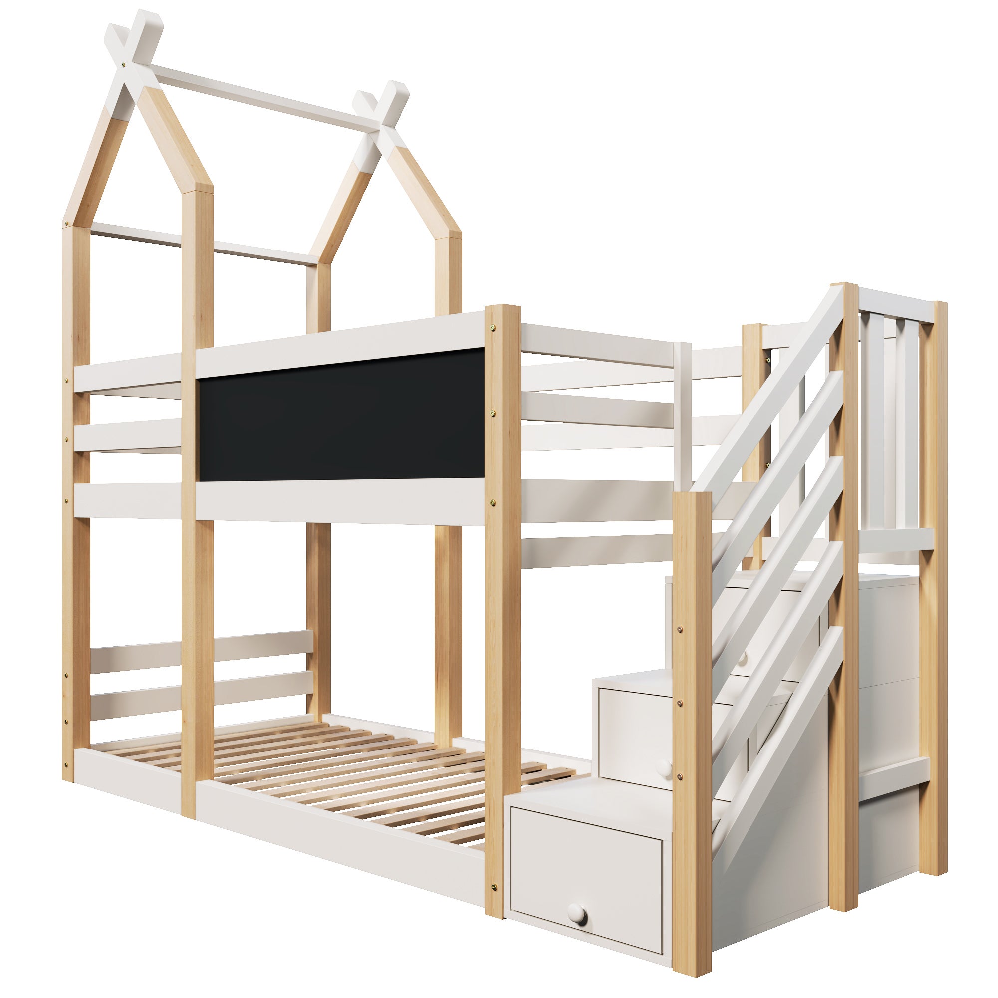 Lit superposé 90x200 cm – style cabane avec tableau noir, rangements et barrière de sécurité – naturel et blanc - 7