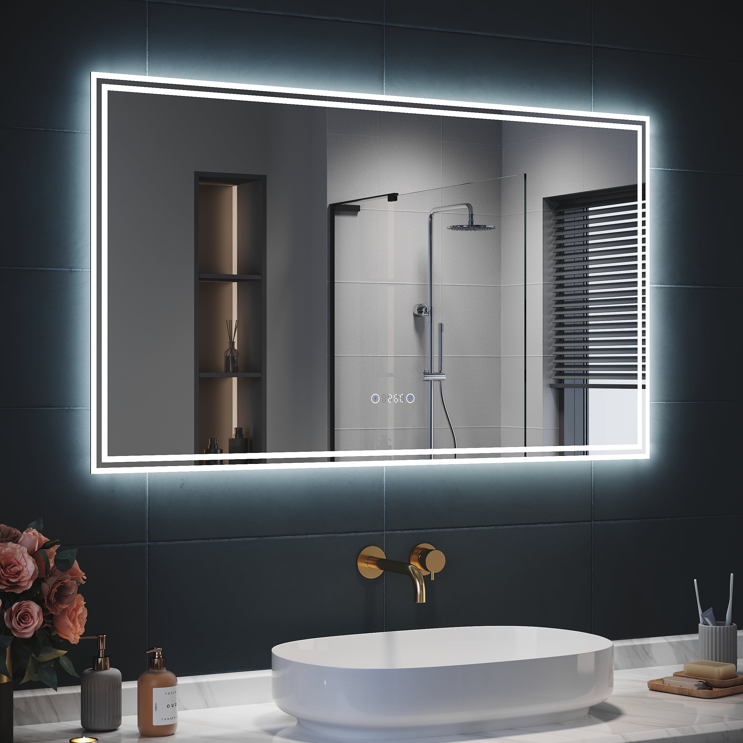 SIRHONA Miroir Lumineux Salle de Bain LED Eclairage Intégré, Fonction Bluetooth 5.0/Horloge/Anti-buée Horizontal 120x70cm Mirroir LED Rétro-éclairé - 2