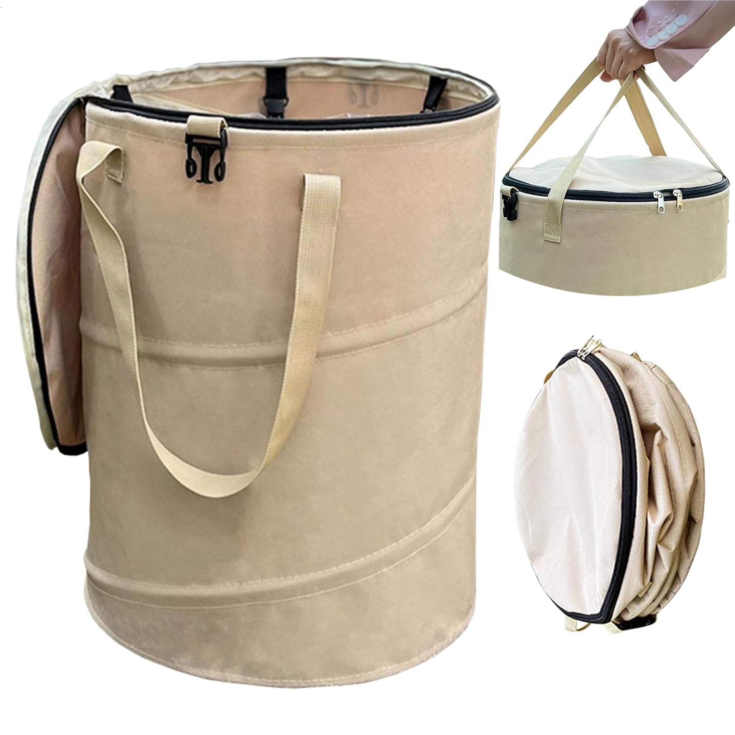 Cubo de basura plegable para camping con tapa, color beige, cubo de basura plegable de 24 galones, bolsa para residuos de jardín con tapa
