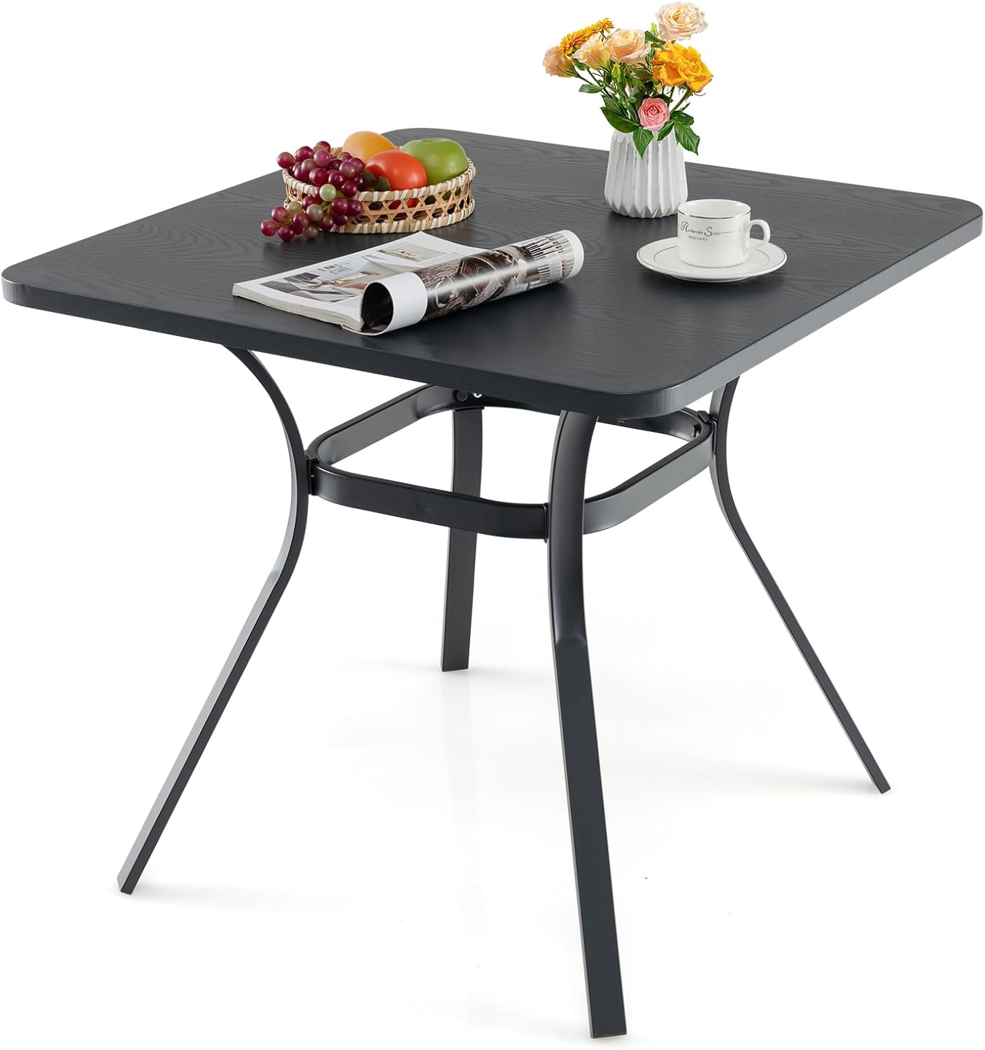 Stół do Jadalni dla 4 Osób, Metalowy Stół Ogrodowy Pokryty Proszkową Powłoką, Blat o Fakturze Przypominającej Drewno, Kolor Szary