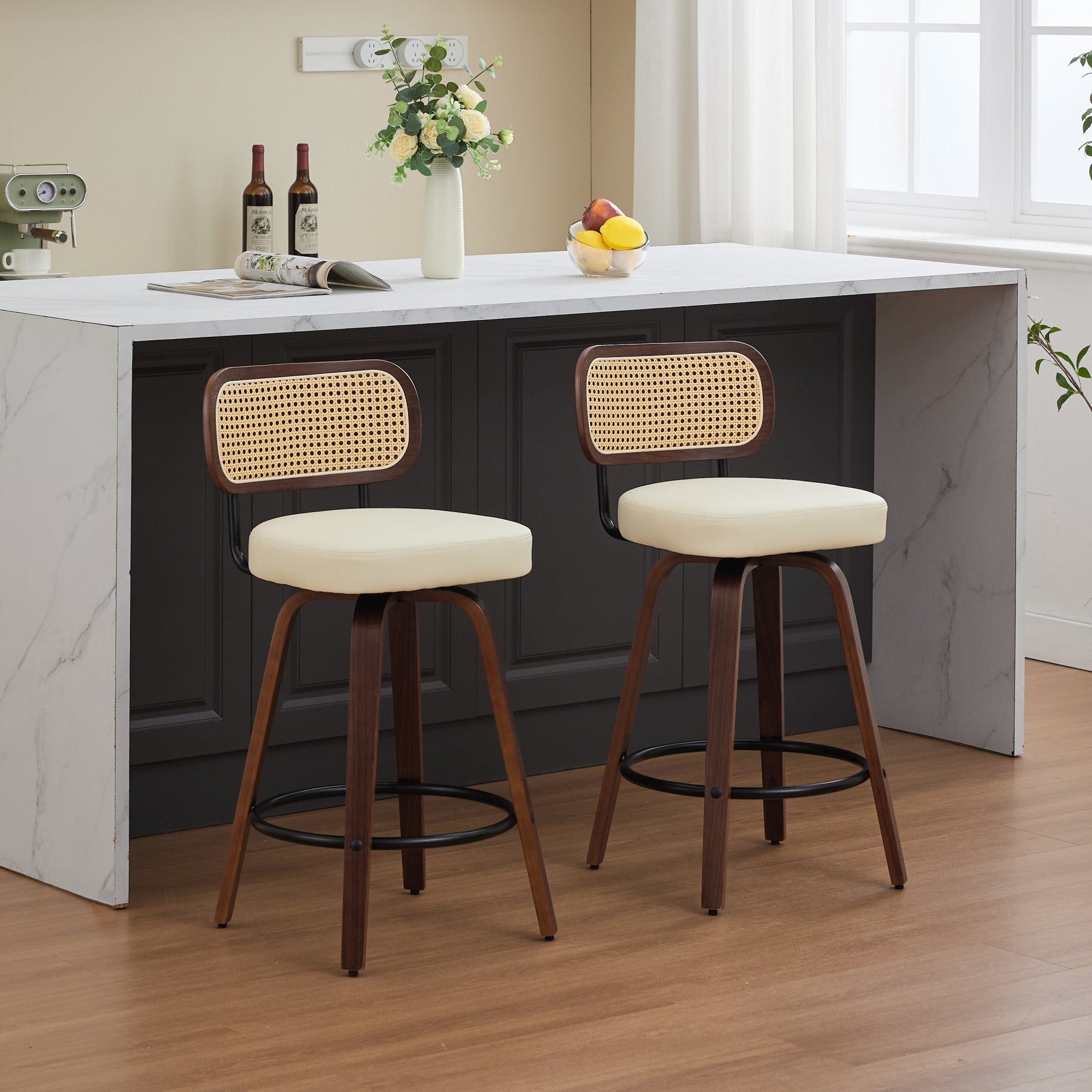 Lot de 2 chaise de bar Noyer Hauteur Comptoir 66 cm, Tabouret de bar Dossier en Cannage, Assise Rembourrée Béige, Salle a manger Fonction Pivotante - 2