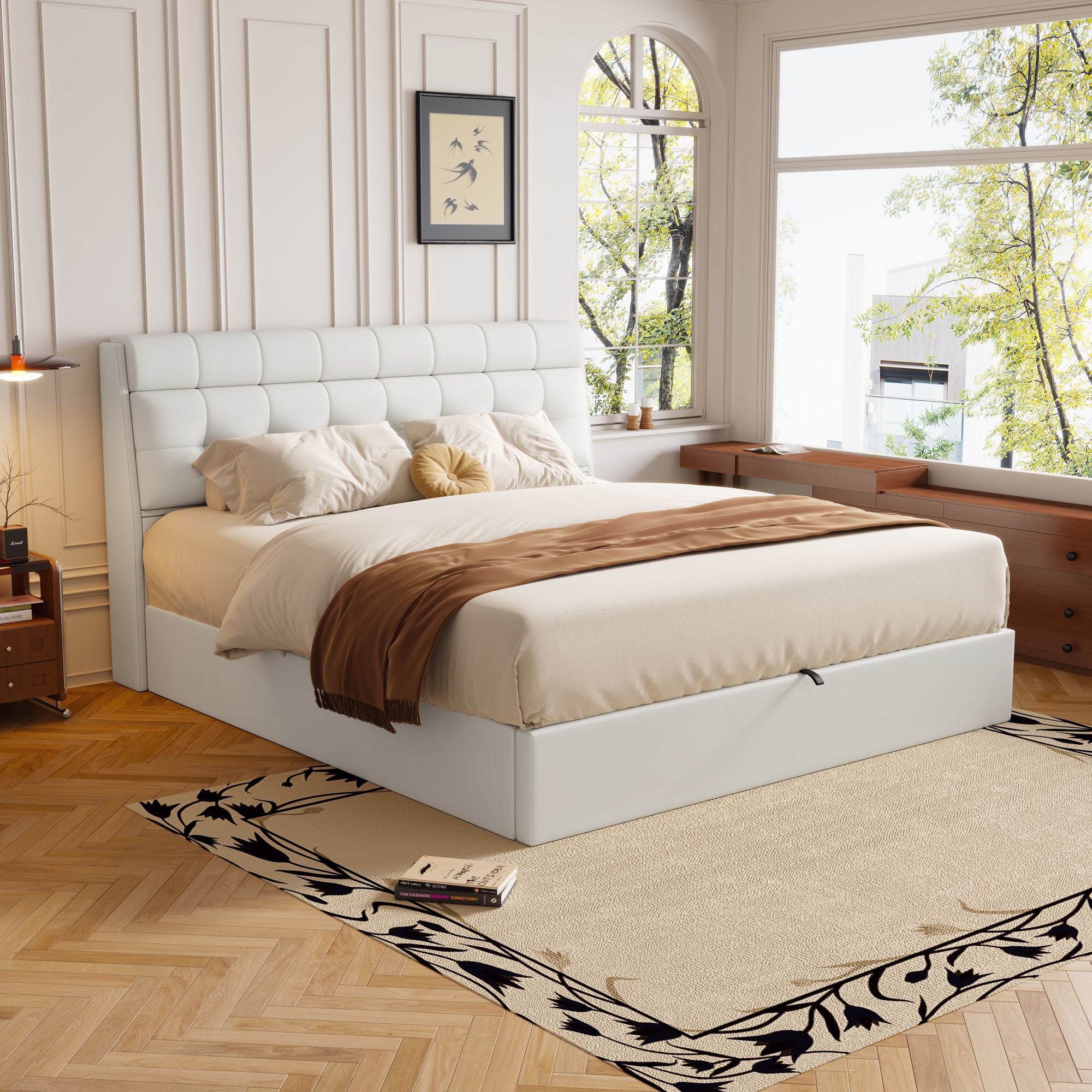 Lit coffre 140 x 200 cm avec tête de lit rangement - LEDs - Cuir PU - Blanc (sans matelas) - 3