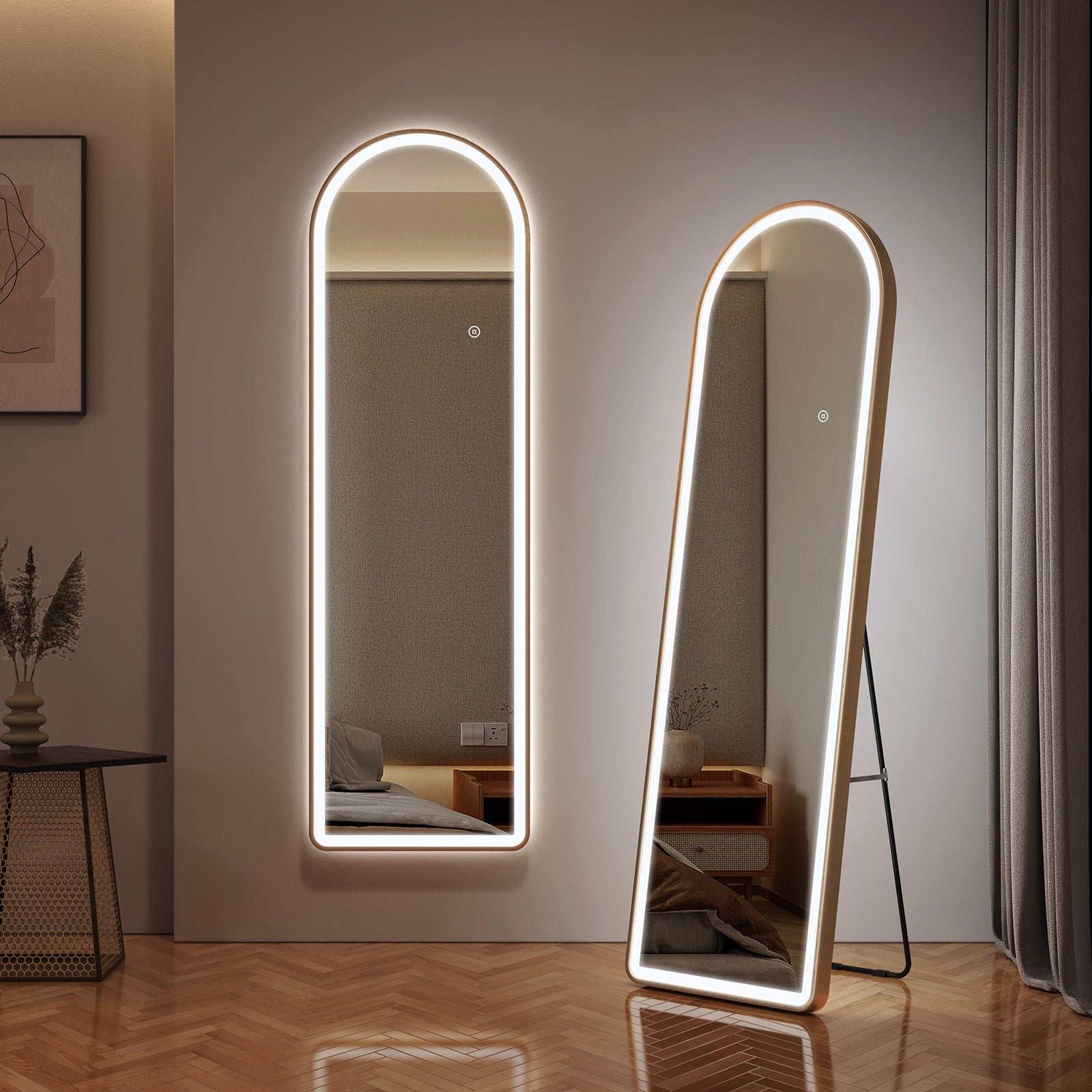 EMKE Lustro stojące LED 147x45 cm z oświetleniem, 3 barwy światła, ściemnianie, funkcja pamięci, złotą rama