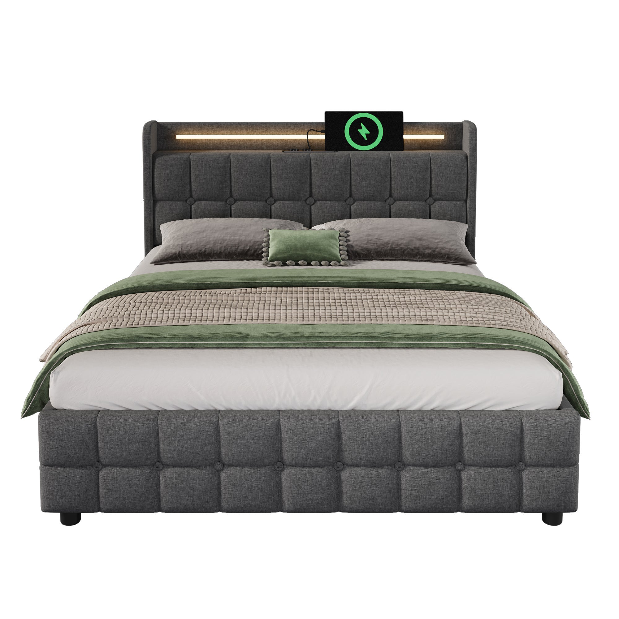 Cama tapizada 160x200cm en lino - con LED y puertos de carga USB - 2 cajones - Gris - 2