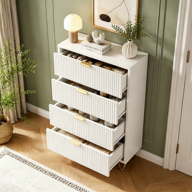 Commode 4 Tiroirs 60 x 34 x 90 cm, Meuble de Rangement Moderne Anti-Basculement, pour Salon, Chambre à Coucher et Couloir, Blanc