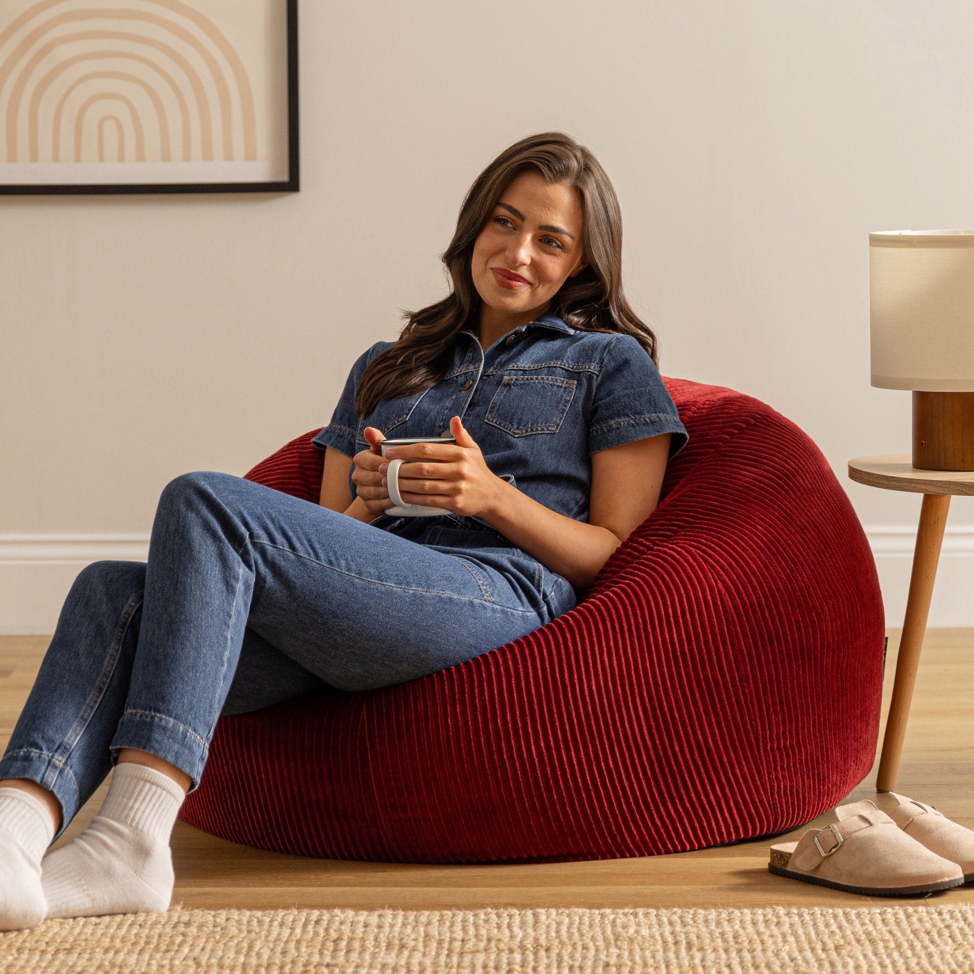 Pouf fauteuil Icon velours côtelé rouge bordeaux, salon, chambre, 85x85cm, Made in Allemagne, Oeko-Tex® - 3