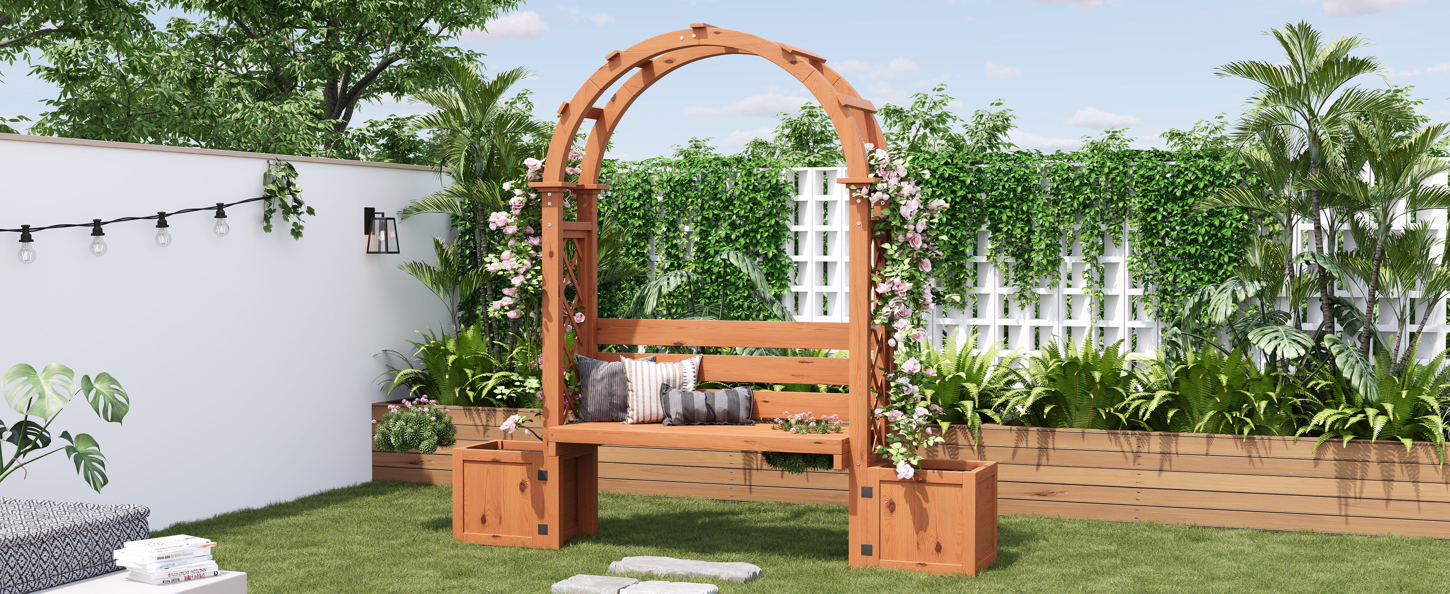 Jardinière sur Pièds avec Treillis en Bois massif + 1 Banc 2 Places - 160 x 30.5 x 160 cm - Naturel - 6