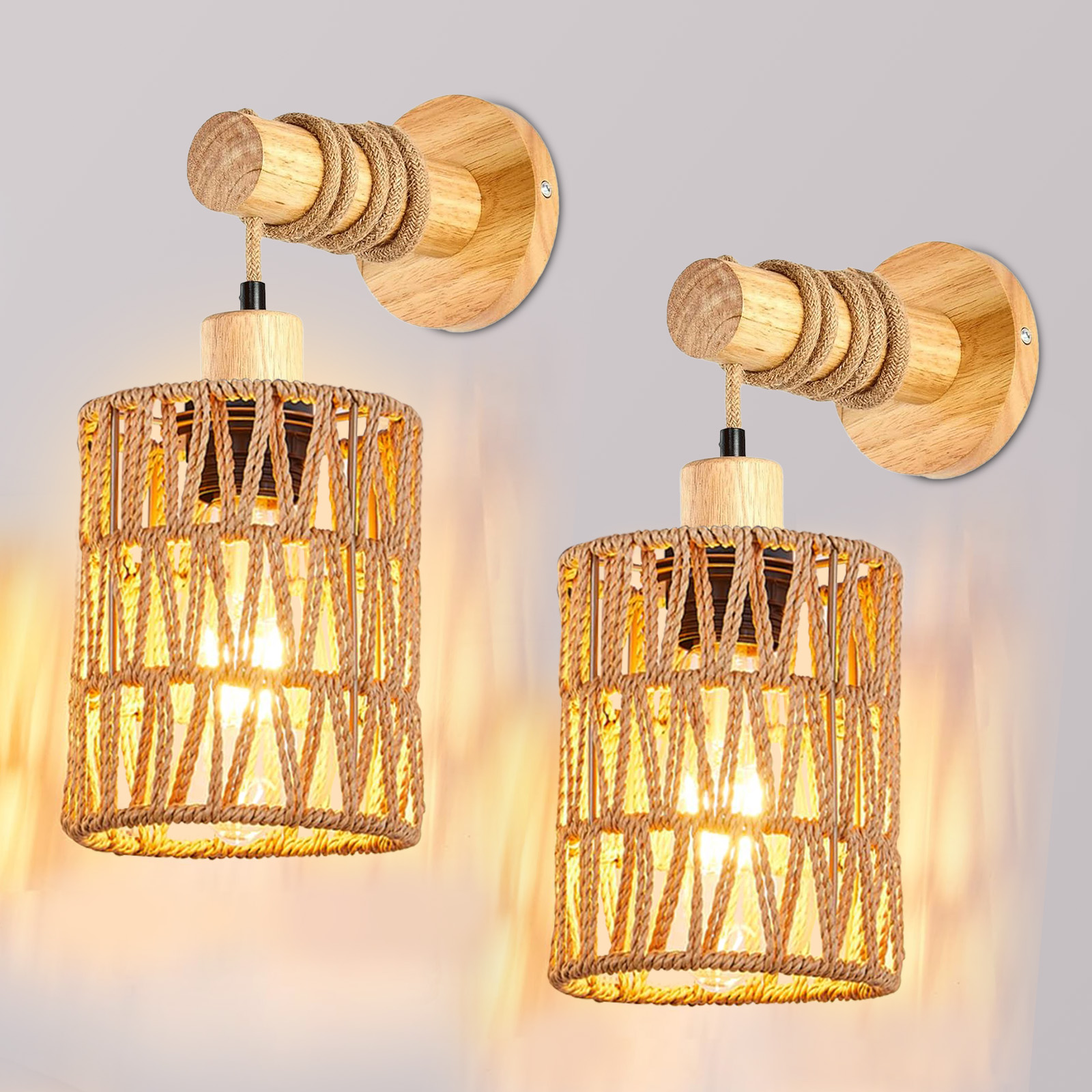 Zestaw 2 Kinkiet Rattanowy Boho – Lampa Ścienna Drewniana E27 z Żarówką LED abażur w stylu vintage regulowana lampa ścienna do Sypialni i Salonu