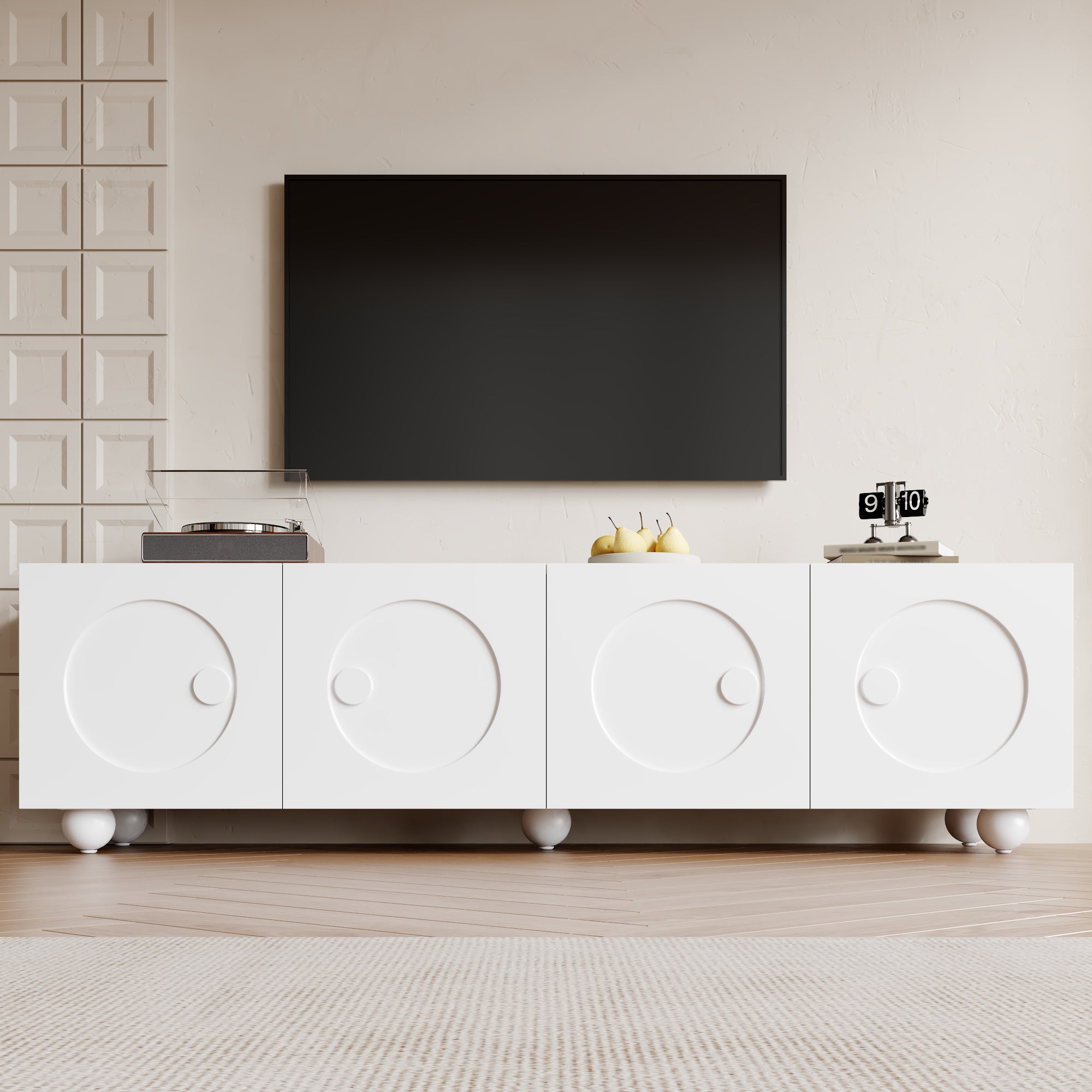 Nowoczesna szafka RTV z 4 drzwiami - 180,5 x 38 x 50 cm - Płyta wiórowa + MDF - Biała - 7