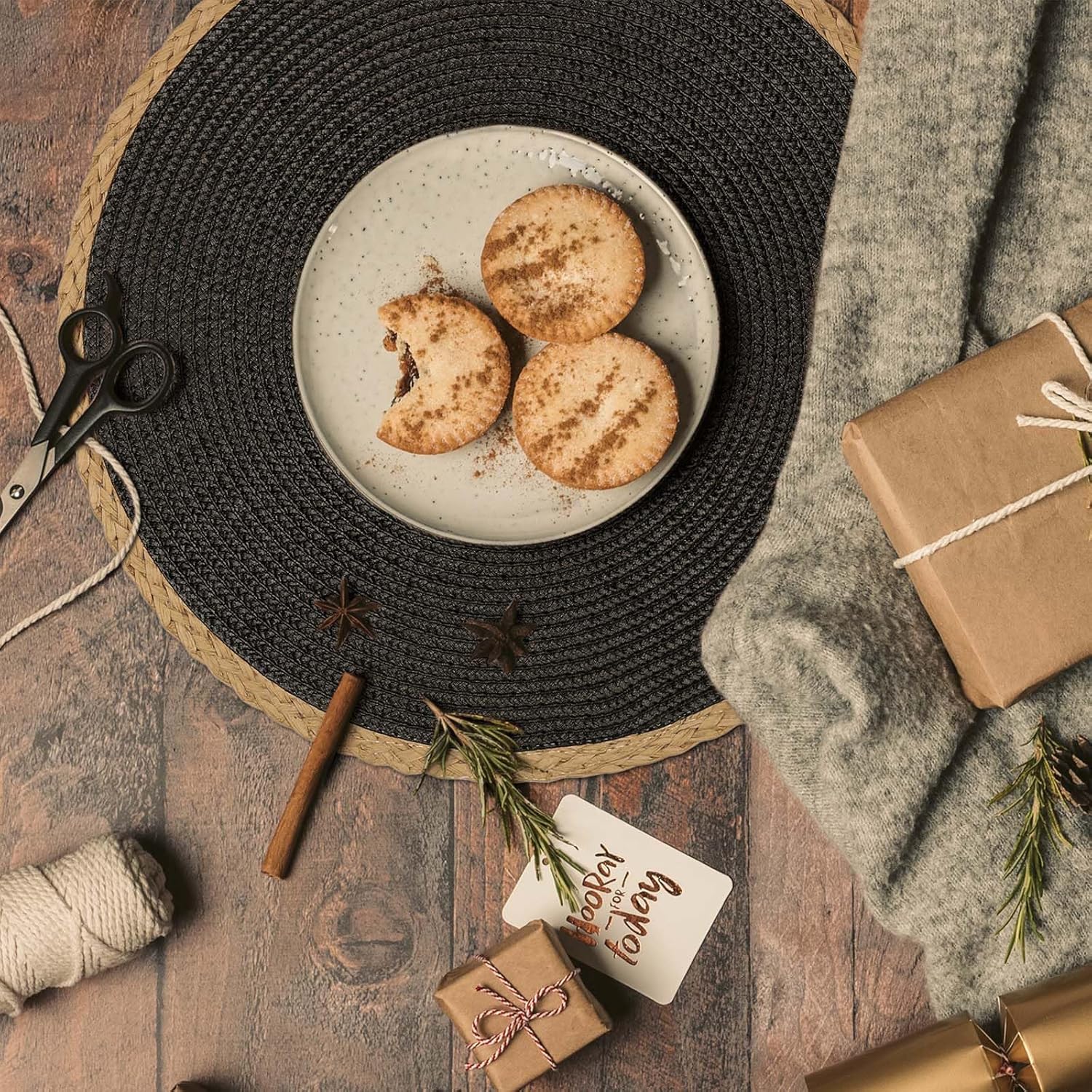 Zestaw 8 okrągłych plecionych podkładek pod talerze – zmywalne i odporne na ciepło – na stół w jadalni – antypoślizgowe – do użytku wewnątrz pomi - 5
